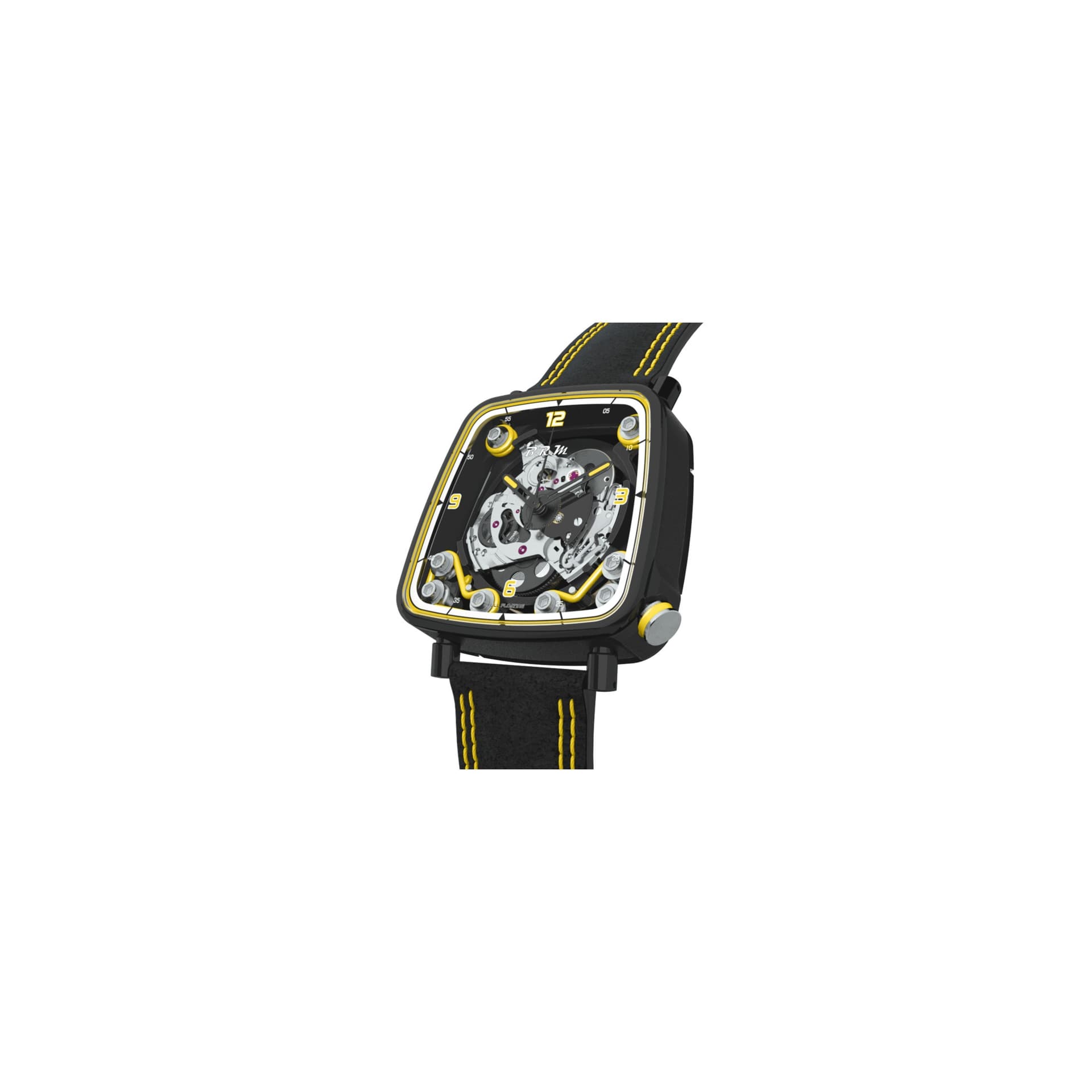 B.R.M Montre B.R.M FF39-40 automatique titane noir couronne laque jaune cadran squelette bracelet cuir Alcantara noir 40 mm