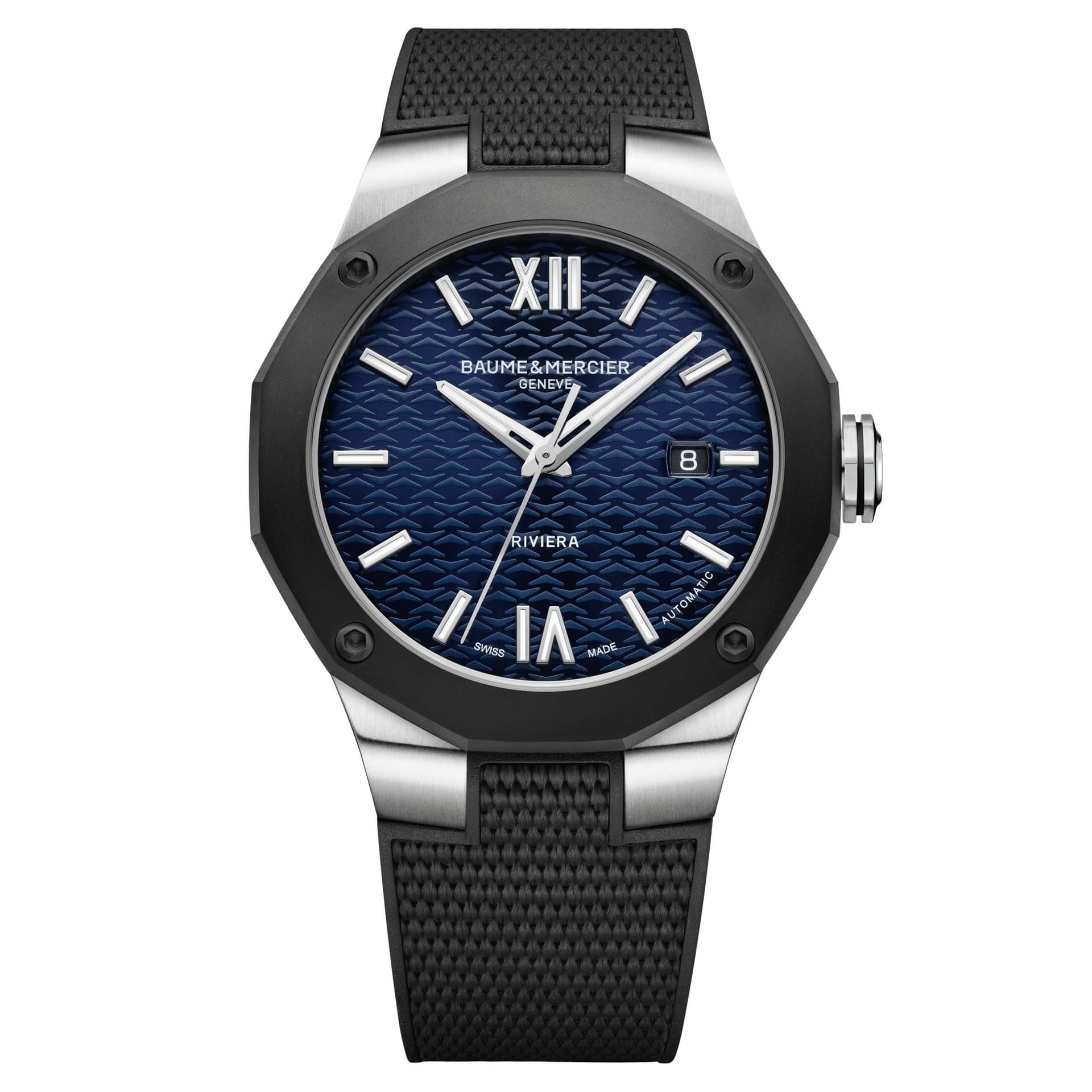 Baume & Mercier Montre Baume et Mercier Riviera ADLC noir automatique cadran bleu bracelet caoutchouc noir 42 mm