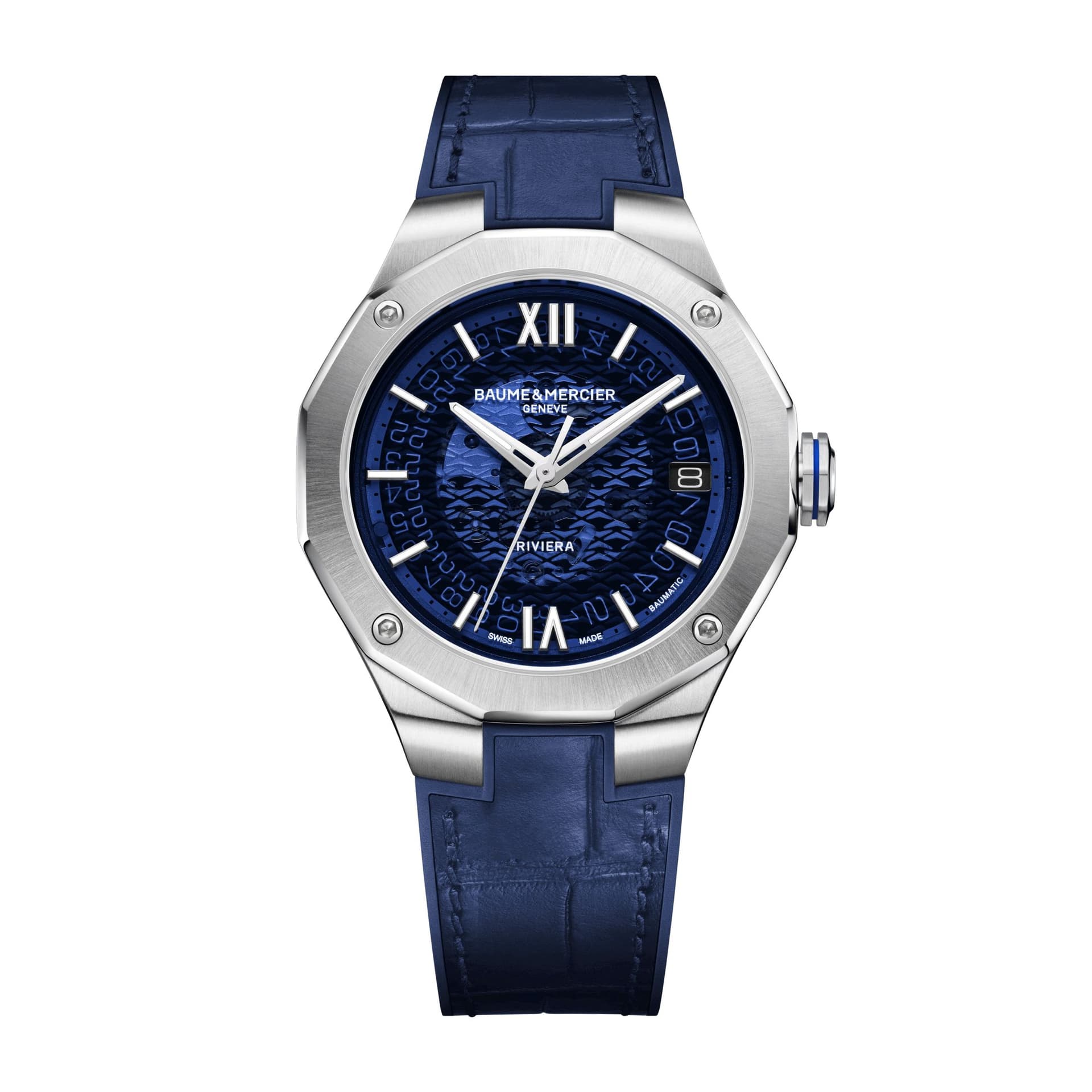 Baume & Mercier Montre Baume et Mercier Riviera automatique cadran bleu bracelet cuir bleu 39 mm