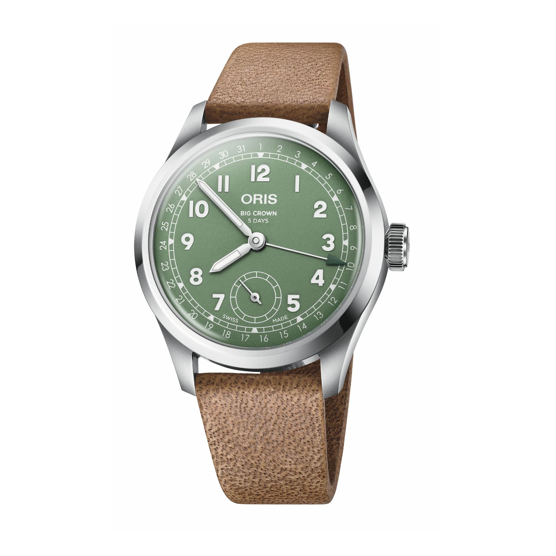 Oris Montre Oris Big Crown Pointer Date Calibre 403 automatique cadran vert bracelet cuir brun 38 mm