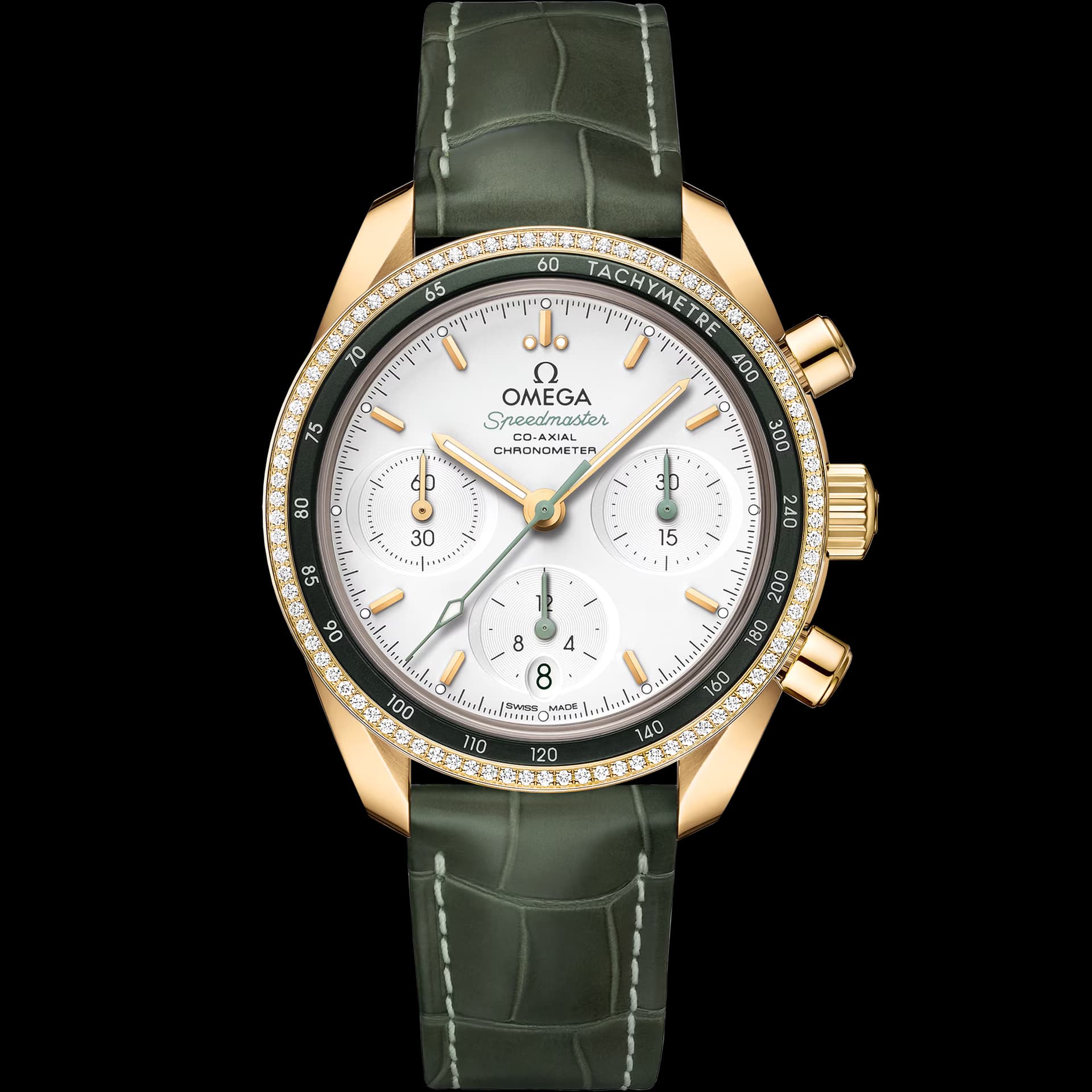 Omega Speedmaster 38 mm, or jaune sur bracelet en cuir