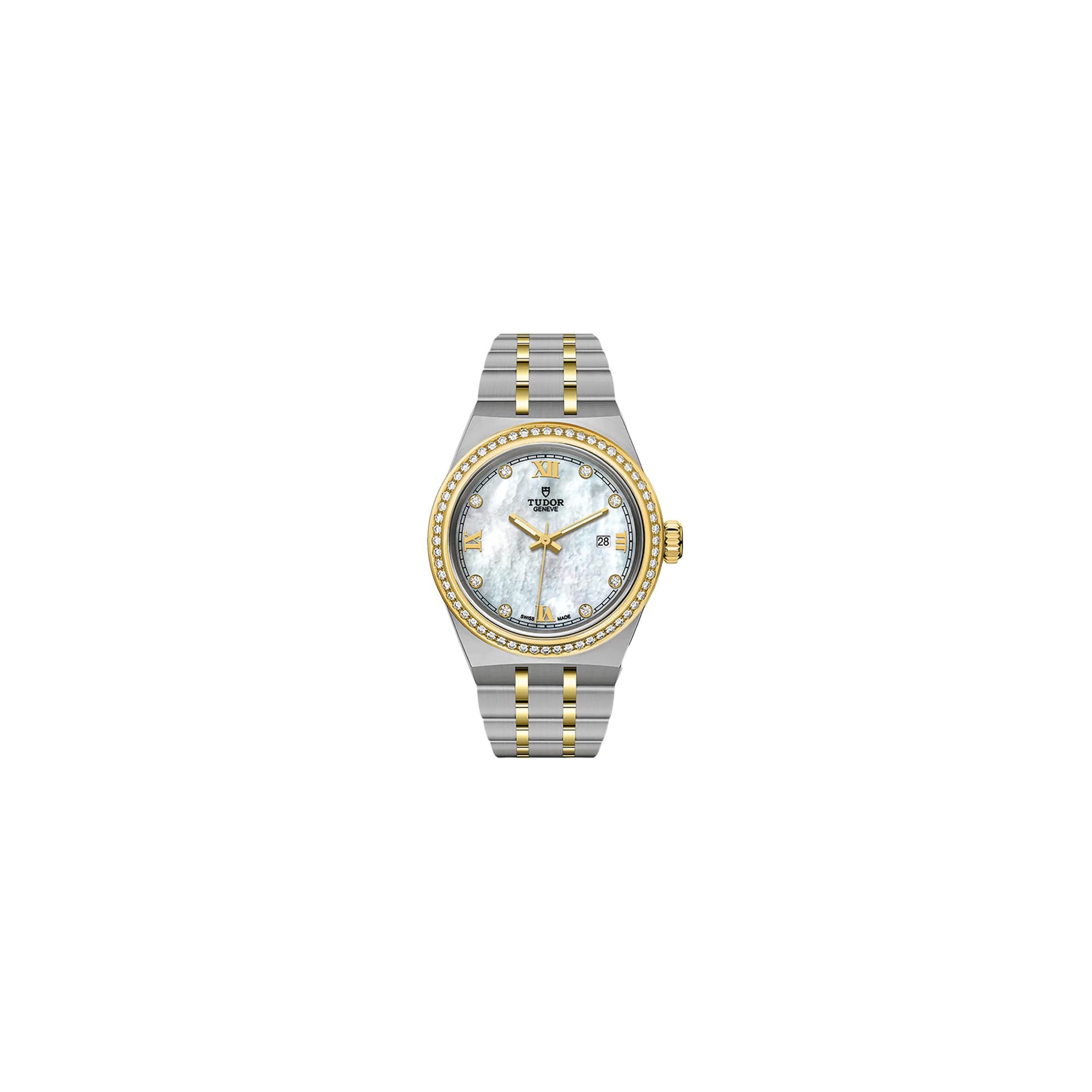 Tudor Montre Tudor Royal automatique index diamants lunette sertie cadran nacre blanche bracelet acier et or jaune 28 mm