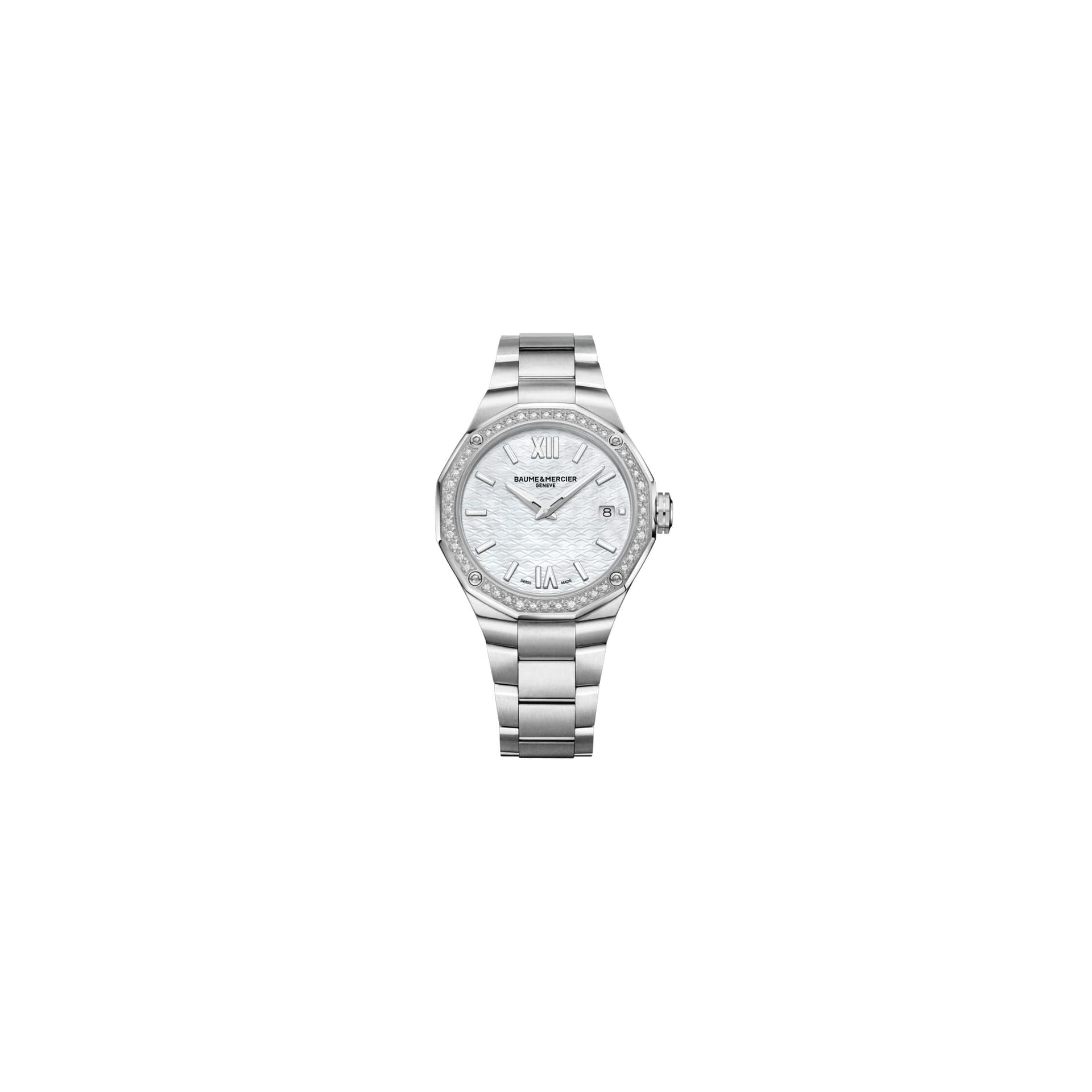 Baume & Mercier Montre Baume et Mercier Riviera quartz lunette sertie cadran nacre blanche bracelet acier 36 mm