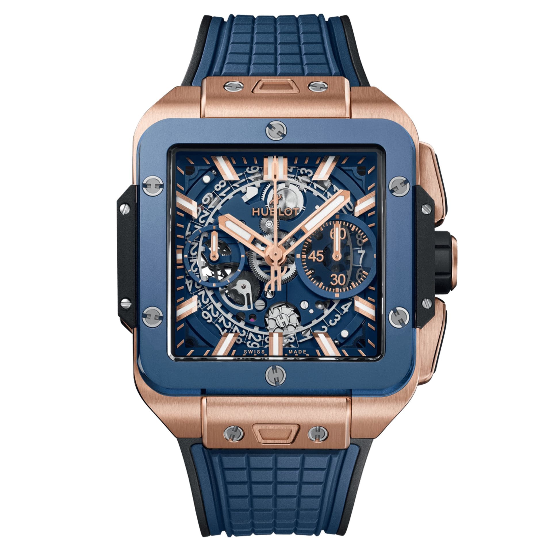 Hublot Montre Hublot Square Bang Unico King Gold Blue Ceramic automatique cadran squelette bracelet caoutchouc bleu 42 mm