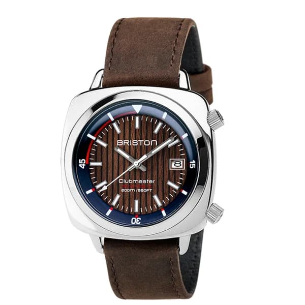 Briston Montre Briston Clubmaster Diver Yachting 42 mm Acier Cadran Noyer Bracelet Cuir