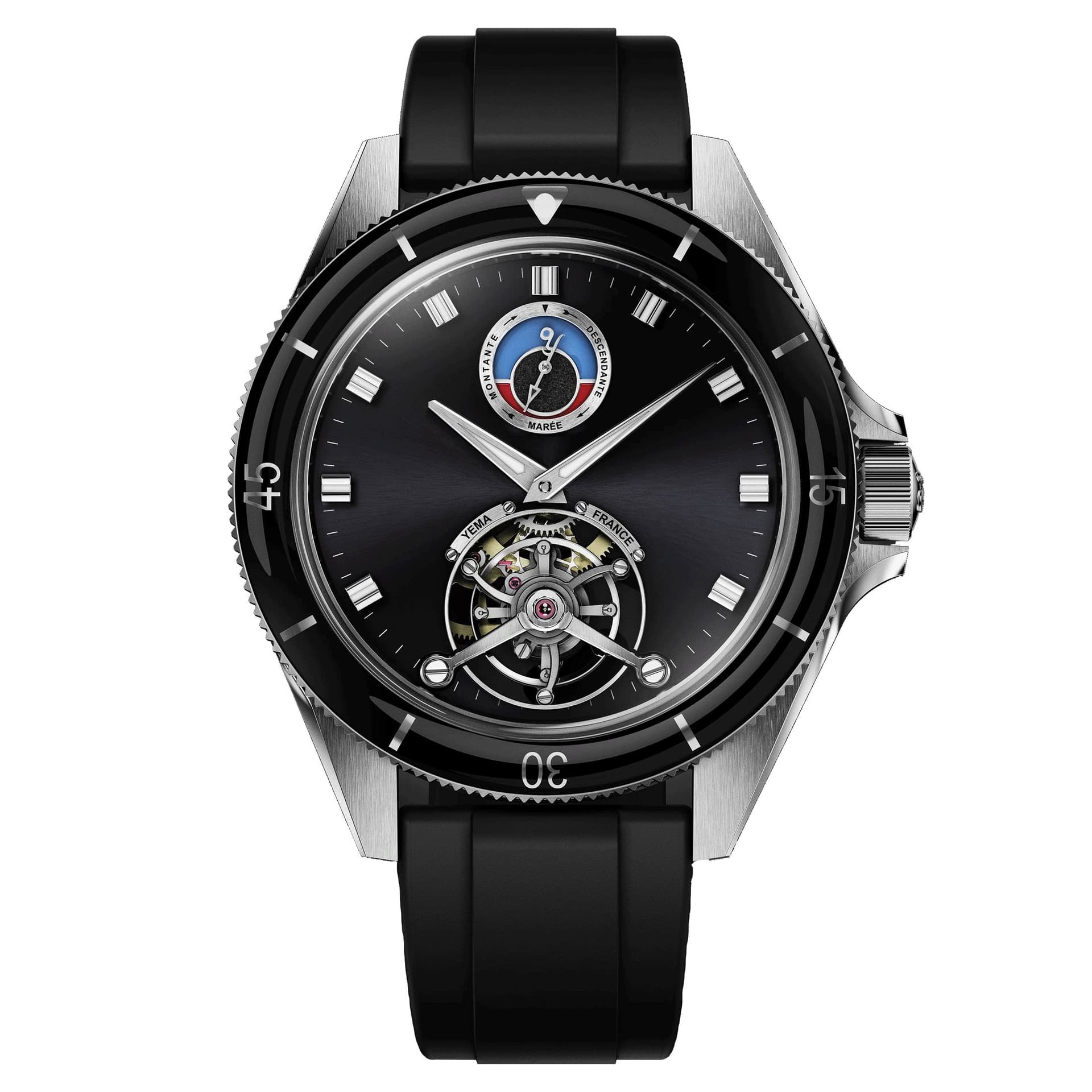 Yema Montre Yema Yachtingraf Tourbillon Mareographe Acier 75ème anniversaire mécanique cadran noir bracelet caoutchouc noir 42,5 mm