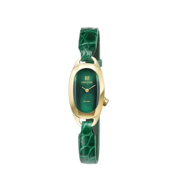 March LA.B Montre MARCH LA.B Oblongue PVD Gold Emerald Bracelet Alligator