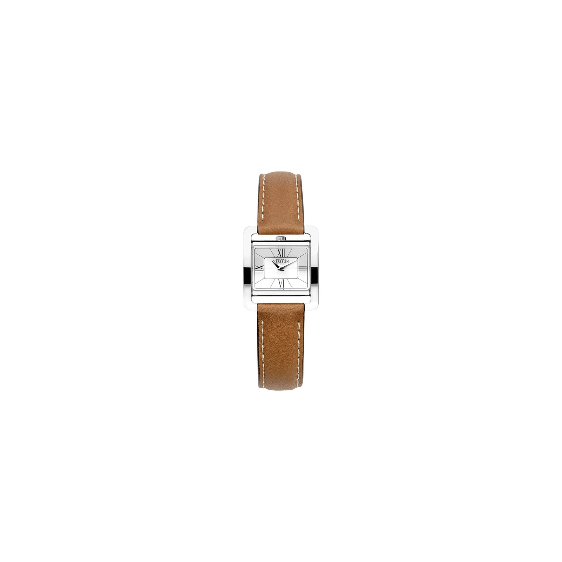 Michel Herbelin Montre Michel Herbelin 5ème Avenue quartz cadran argenté chiffre romains bracelet cuir brun