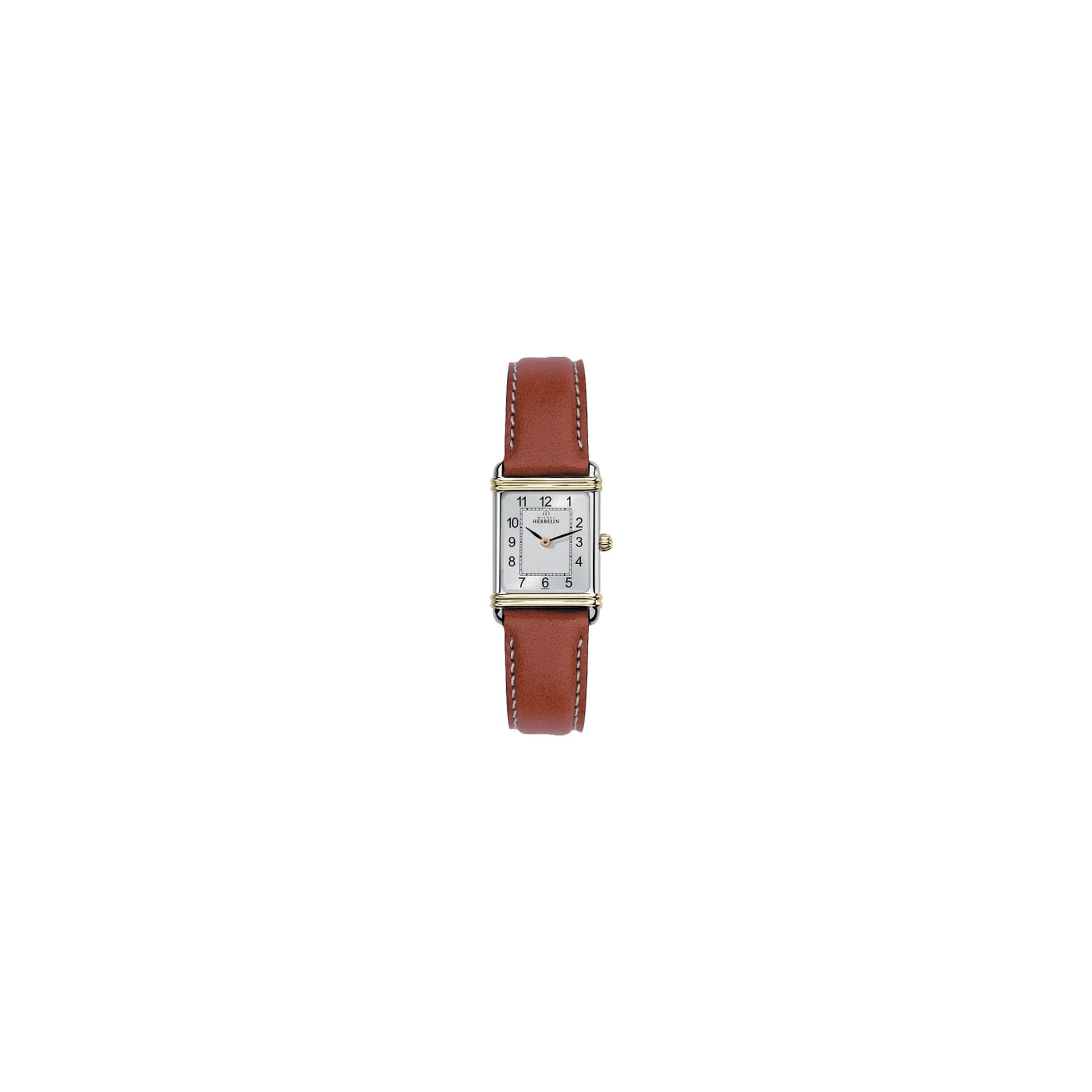 Michel Herbelin Montre Michel Herbelin Art Déco quartz acier bicolore cadran argent bracelet cuir brun