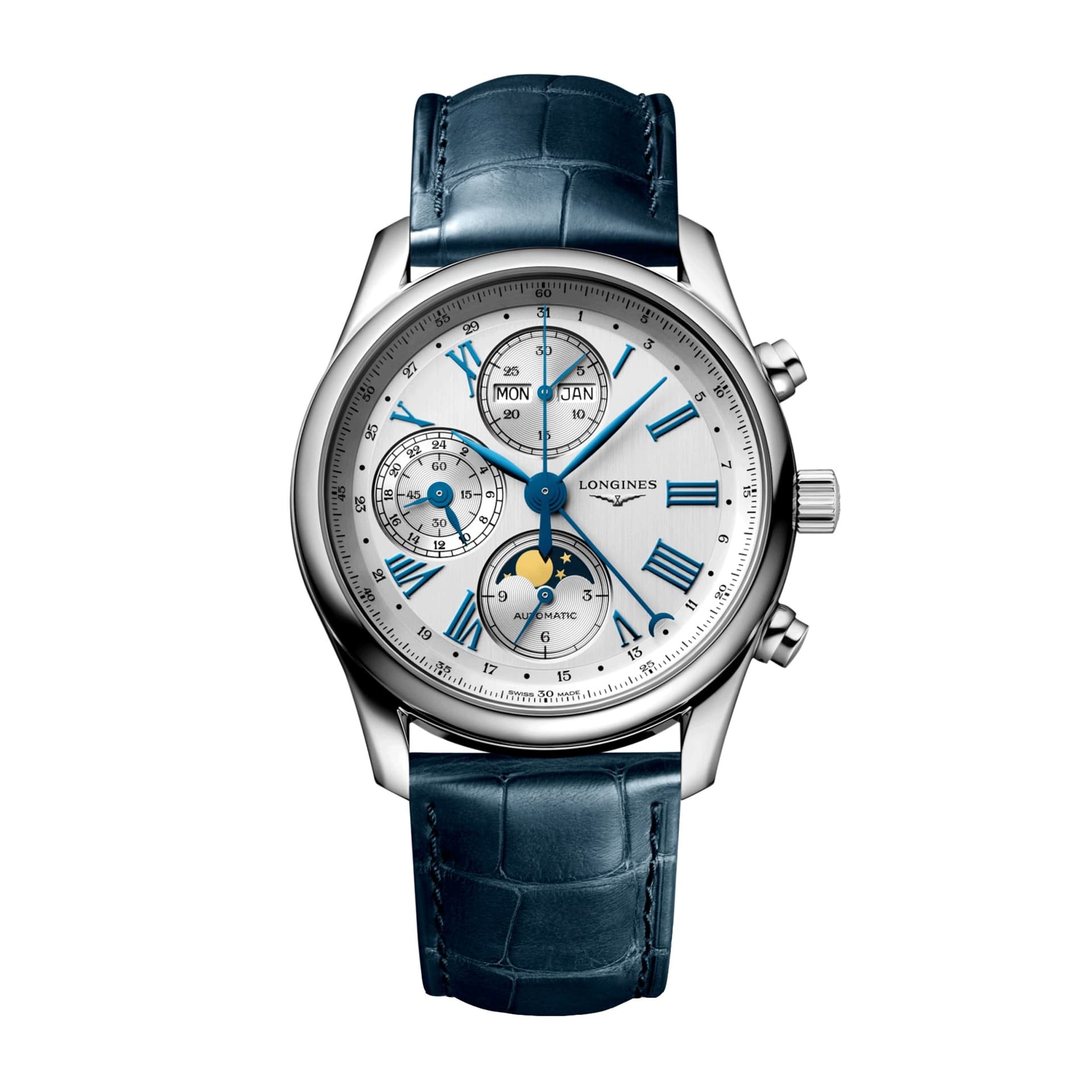 Longines Montre Longines Master Collection automatique cadran argenté bracelet cuir bleu 40 mm