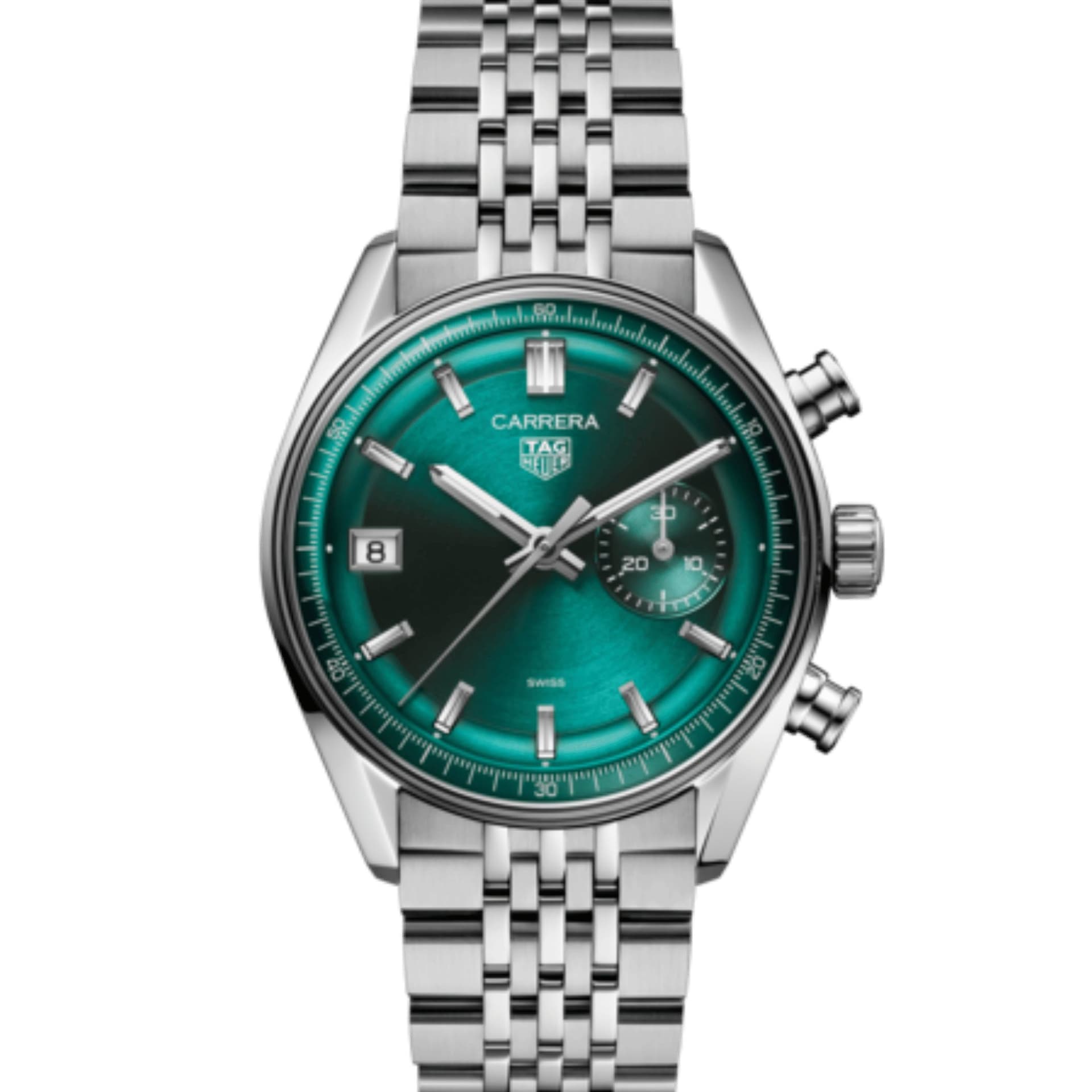 TAG Heuer Montre TAG Heuer Carrera Chronographe DATO automatique cadran vert bracelet acier "grains de riz" 39 mm
