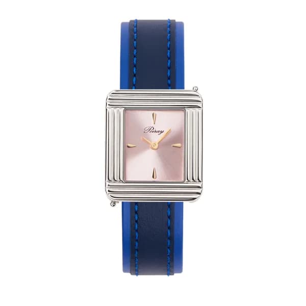 Poiray Montre Poiray Ma Première Acier Cadran Rose Bracelet Veau Sellier Bleu Nuit