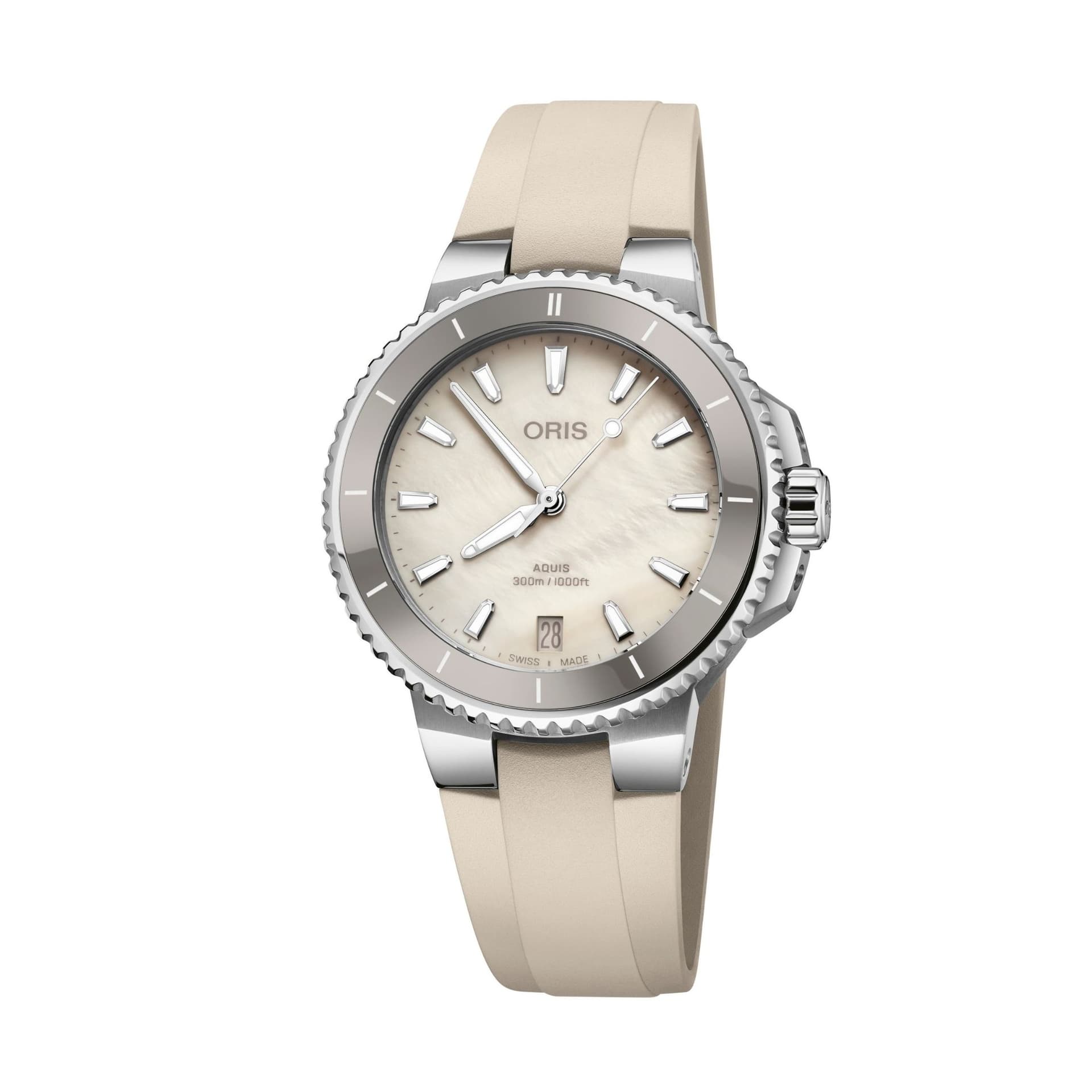 Oris Montre Oris Plongée Aquis Date Calibre 733 automatique cadran nacre blanche bracelet caoutchouc créme 36,5 mm