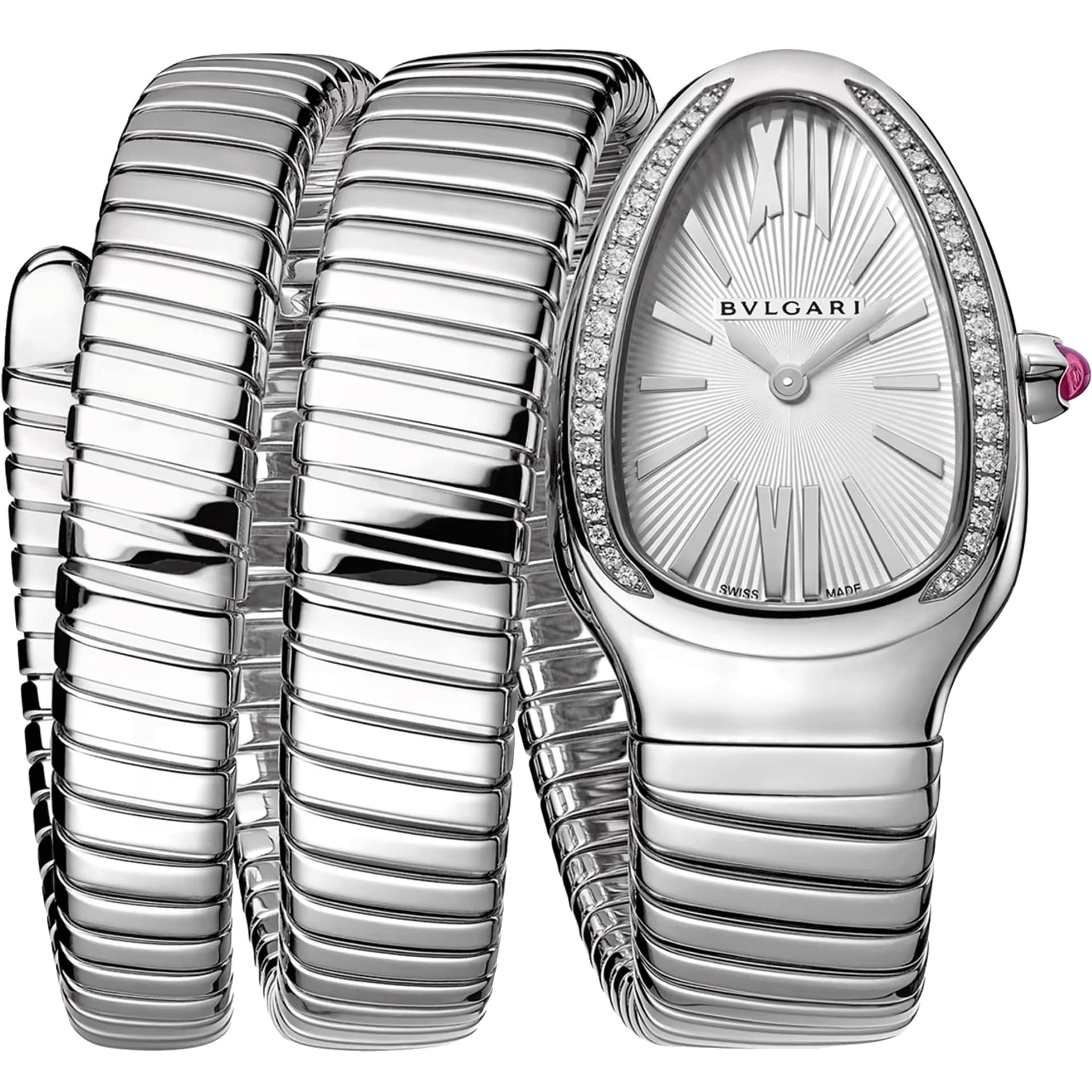Bulgari Montre Bulgari Serpenti Tubogas quartz lunette sertie cadran blanc bracelet acier double tour 35 mm