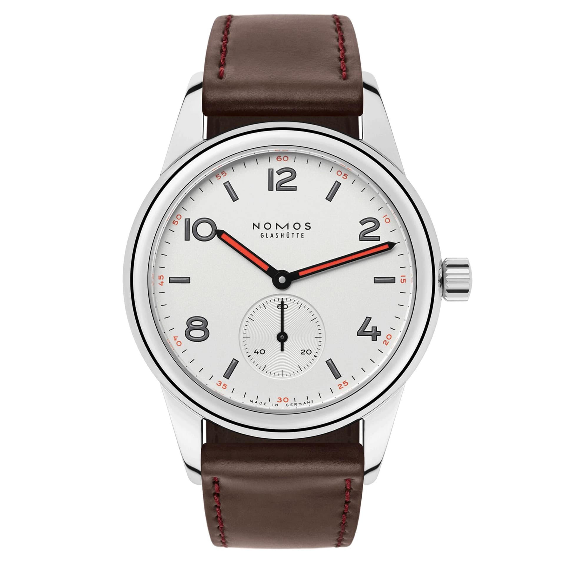 Nomos Montre Nomos Club mécanique cadran galvanisé blanc bracelet cuir brun 36 mm