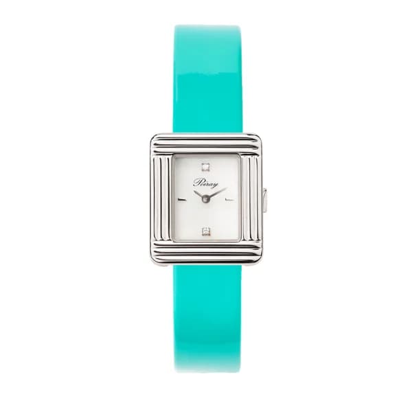 Poiray Montre Poiray Ma Première Mini Acier Cadran Serti Bracelet Veau Vernis Turquoise