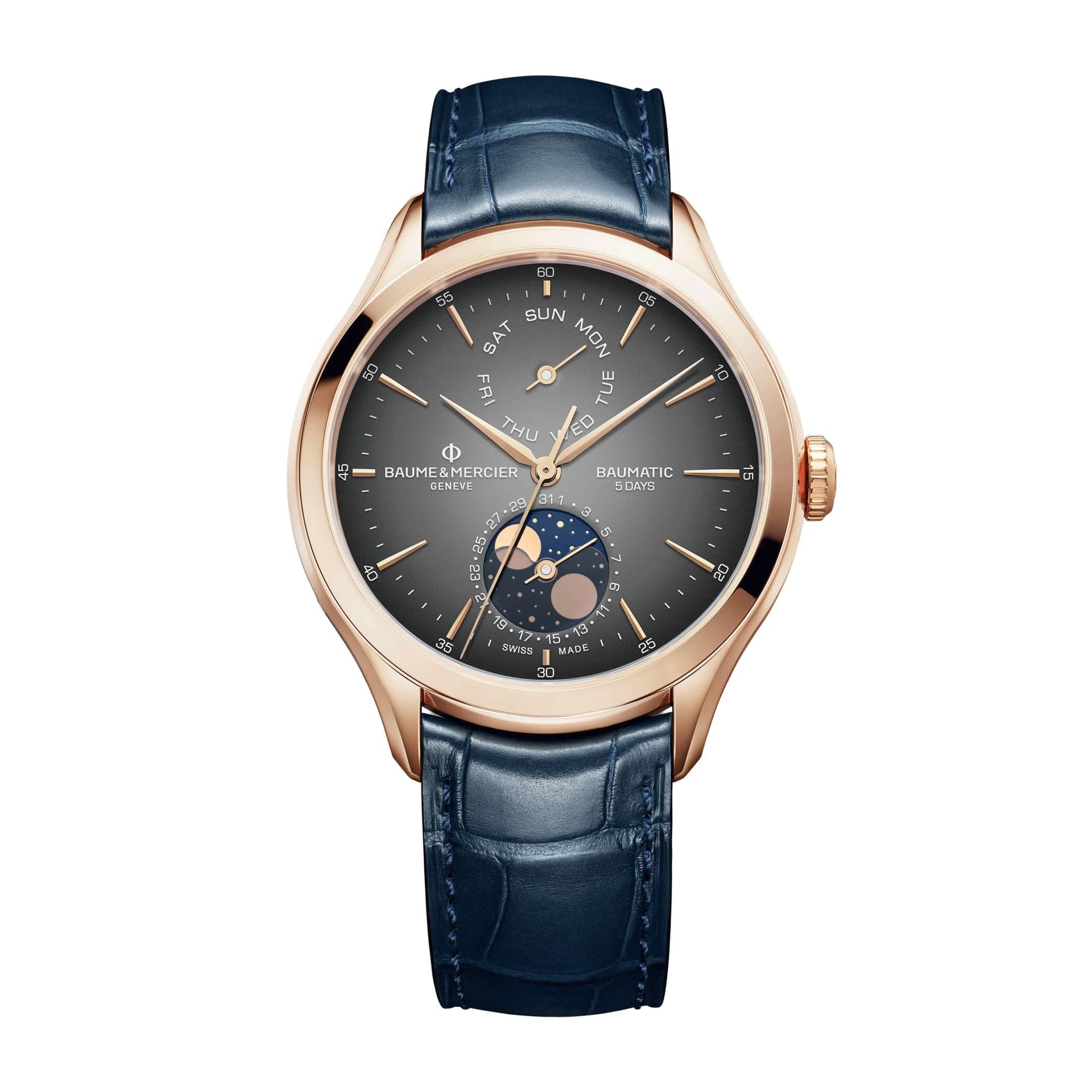 Baume & Mercier Montre Baume et Mercier Clifton Baumatic automatique cadran gris bracelet cuir alligator bleu et or rose 42 mm