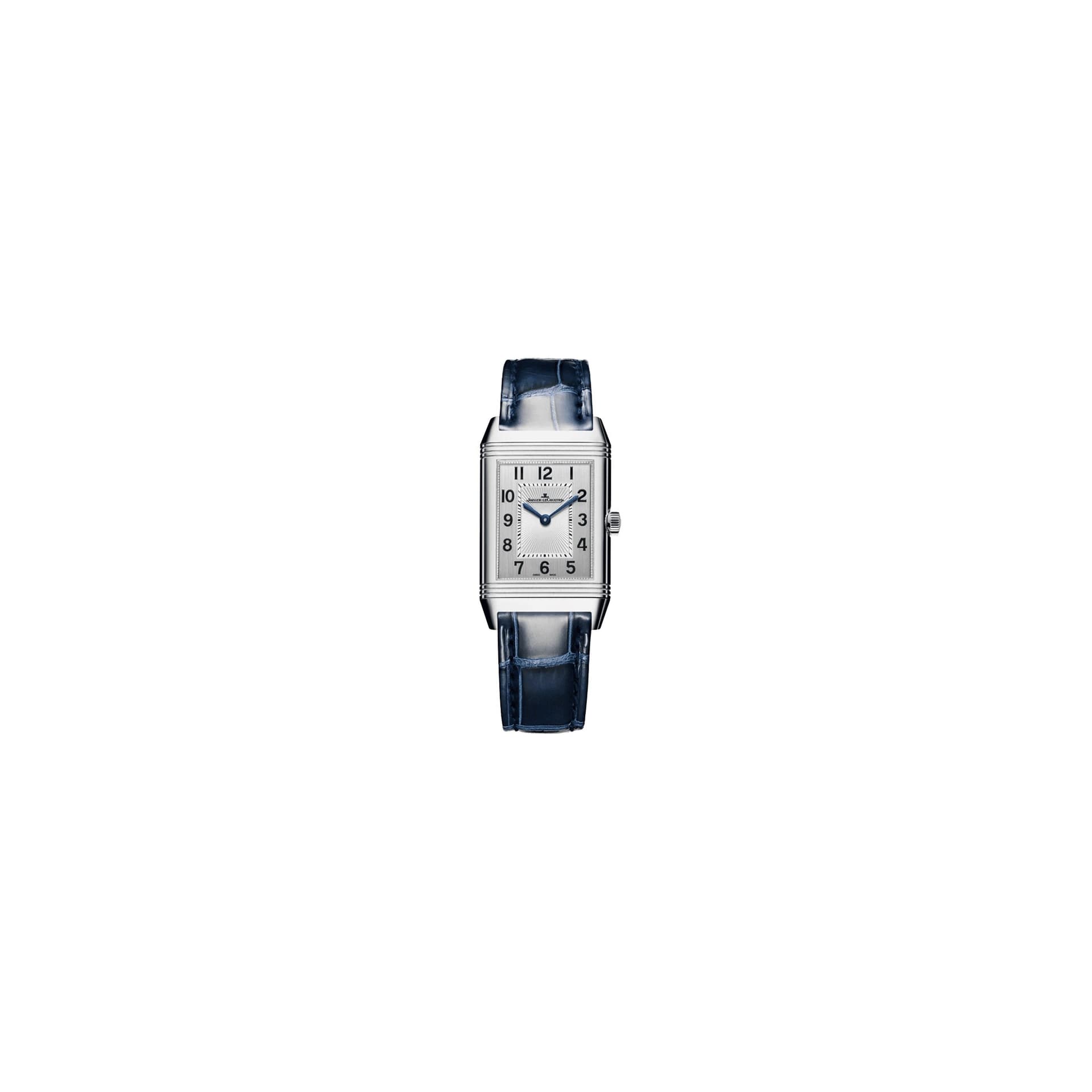 Jaeger-LeCoultre Montre Jaeger LeCoultre Reverso Classic Medium Duetto mécanique cadran argent bracelet cuir bleu
