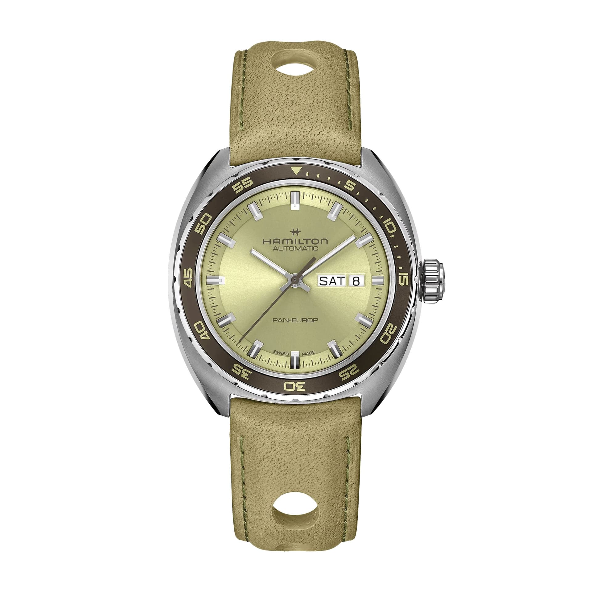 Hamilton Montre Hamilton American Classic Pan Europ Day Date automatique cadran vert bracelet cuir vert 42 mm