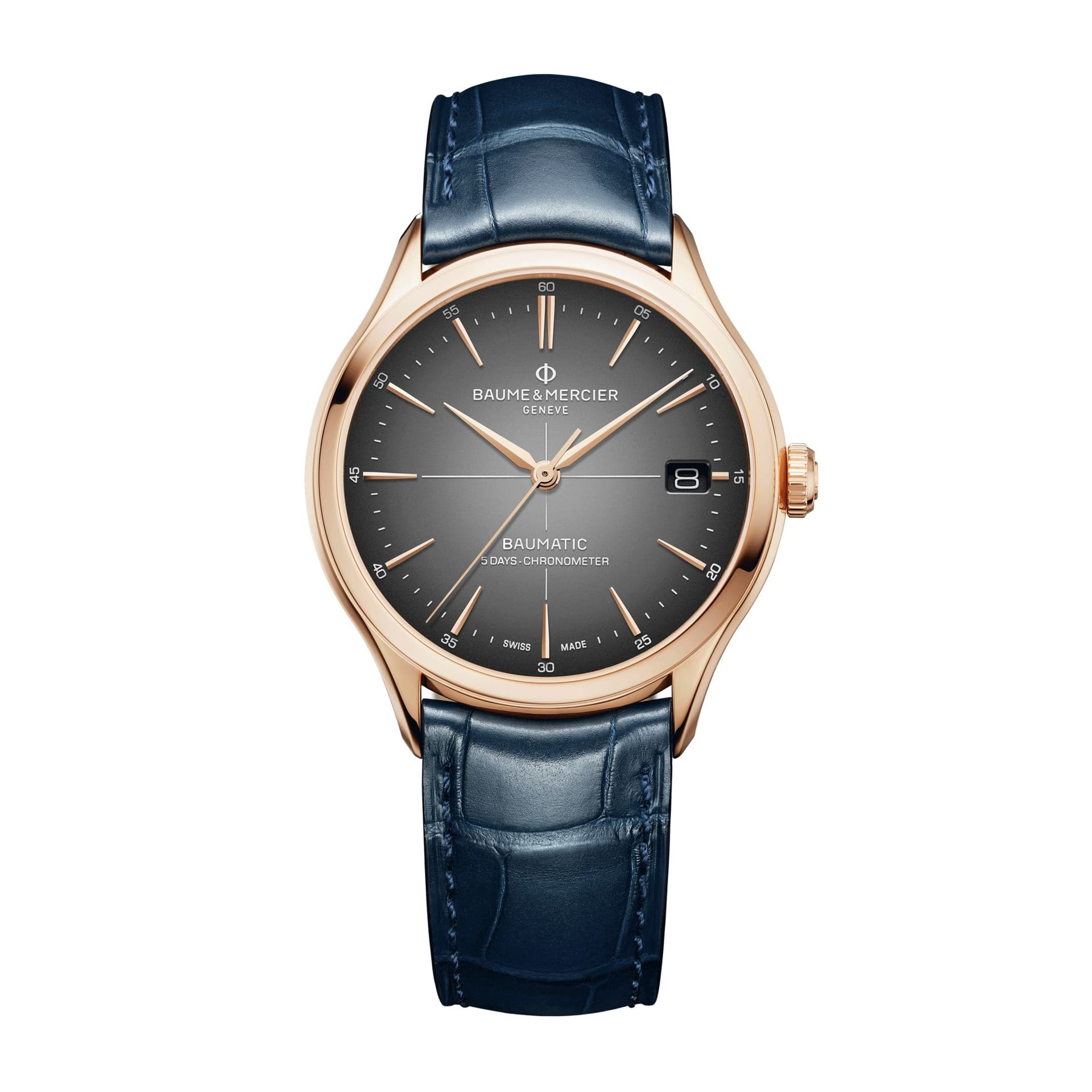 Baume & Mercier Montre Baume et Mercier Clifton COSC Or Rose automatique cadran gris bracelet cuir bleu 39 mm