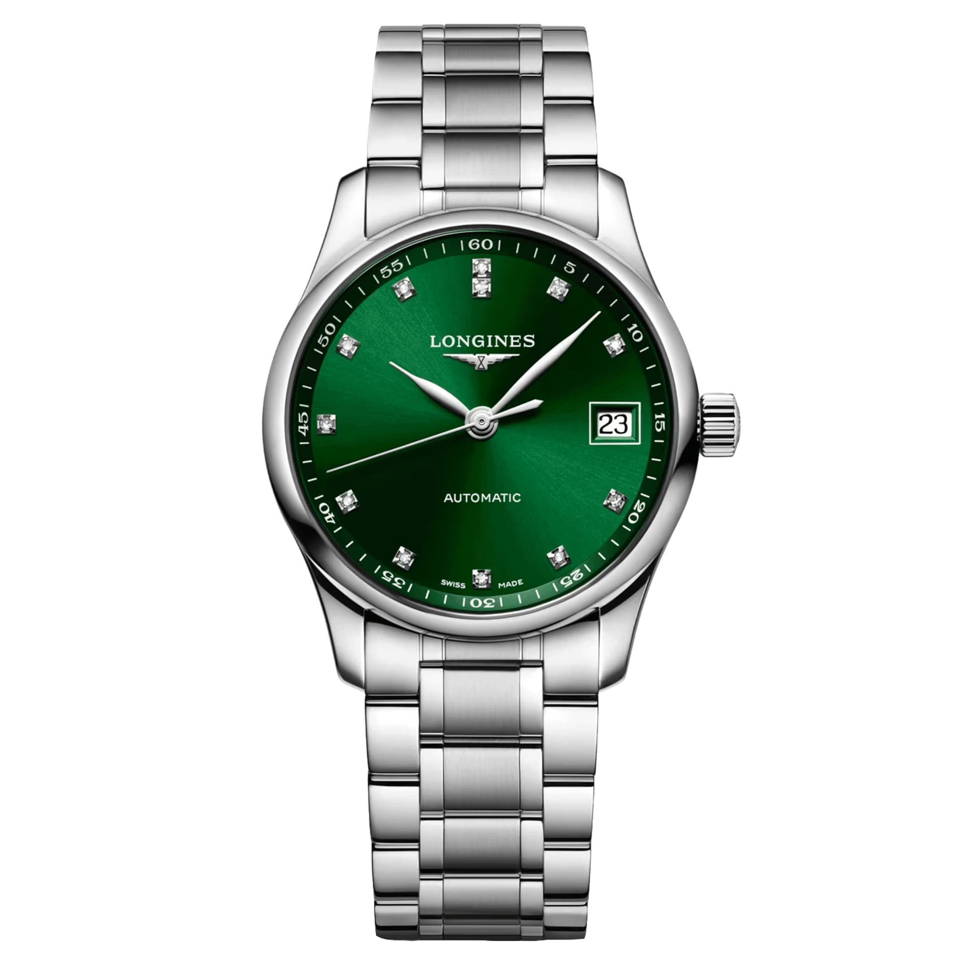 Longines Montre Longines Master Collection automatique index diamants cadran vert bracelet acier 34 mm