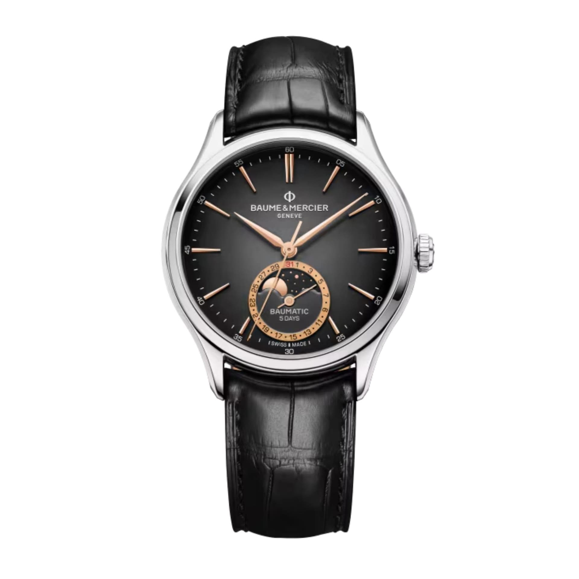 Baume & Mercier Montre Baume et Mercier Clifton Baumatic Phase de Lune automatique cadran gris bracelet cuir noir 39 mm