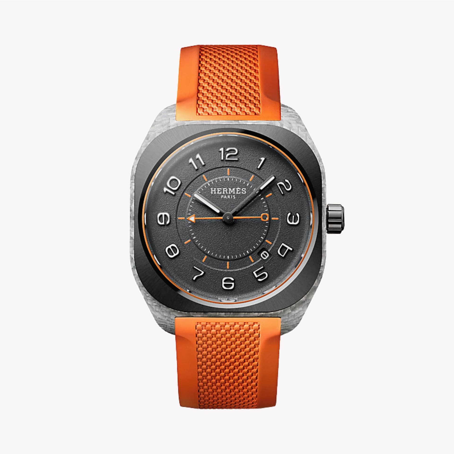 Hermès Montre Hermès H08 "Colours" automatique cadran noir bracelet caoutchouc orange 42 mm
