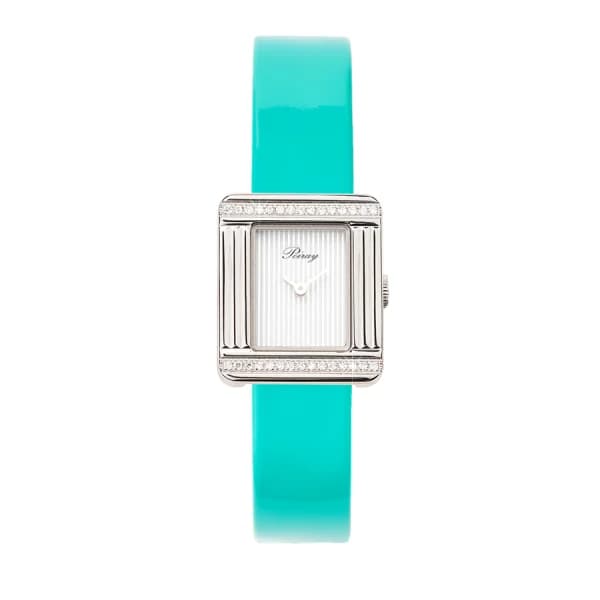 Poiray Montre Poiray Ma Première Mini Acier Serti Diamants Bracelet Veau Vernis Turquoise