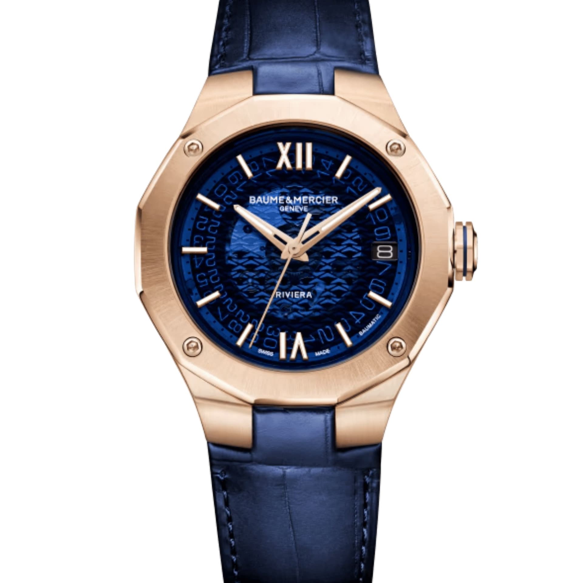 Baume & Mercier Montre Baume et Mercier Riviera automatique Or rose cadran bleu bracelet cuir bleu 39 mm