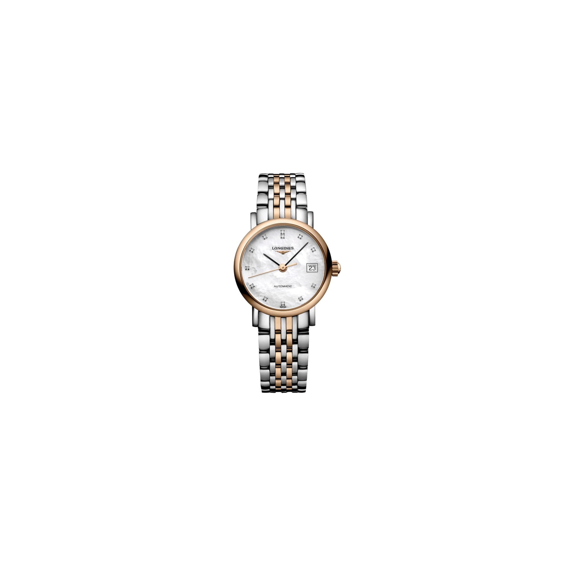 Longines Montre Longines Elegant Collection automatique index diamants cadran nacre blanche bracelet acier et or rose 25,5 mm