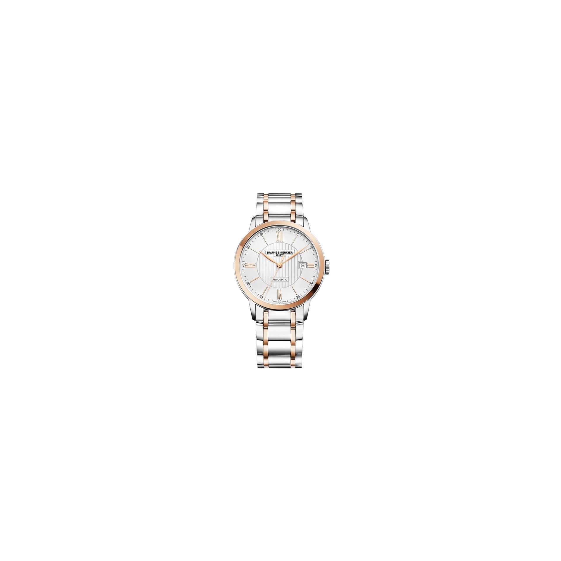 Baume & Mercier Montre Baume et Mercier Classima automatique cadran argenté bracelet acier et or rose 40 mm