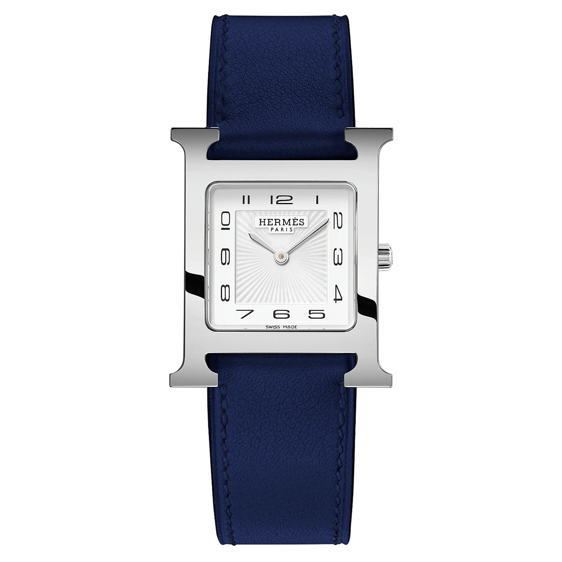 Hermès Montre HERMÈS Heure H Moyen Modèle quartz cadran blanc bracelet cuir bleu 30 mm