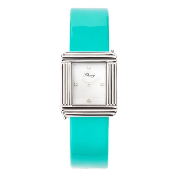 Poiray Montre Poiray Ma Première Cadran Blanc Serti Bracelet Veau Vernis Turquoise