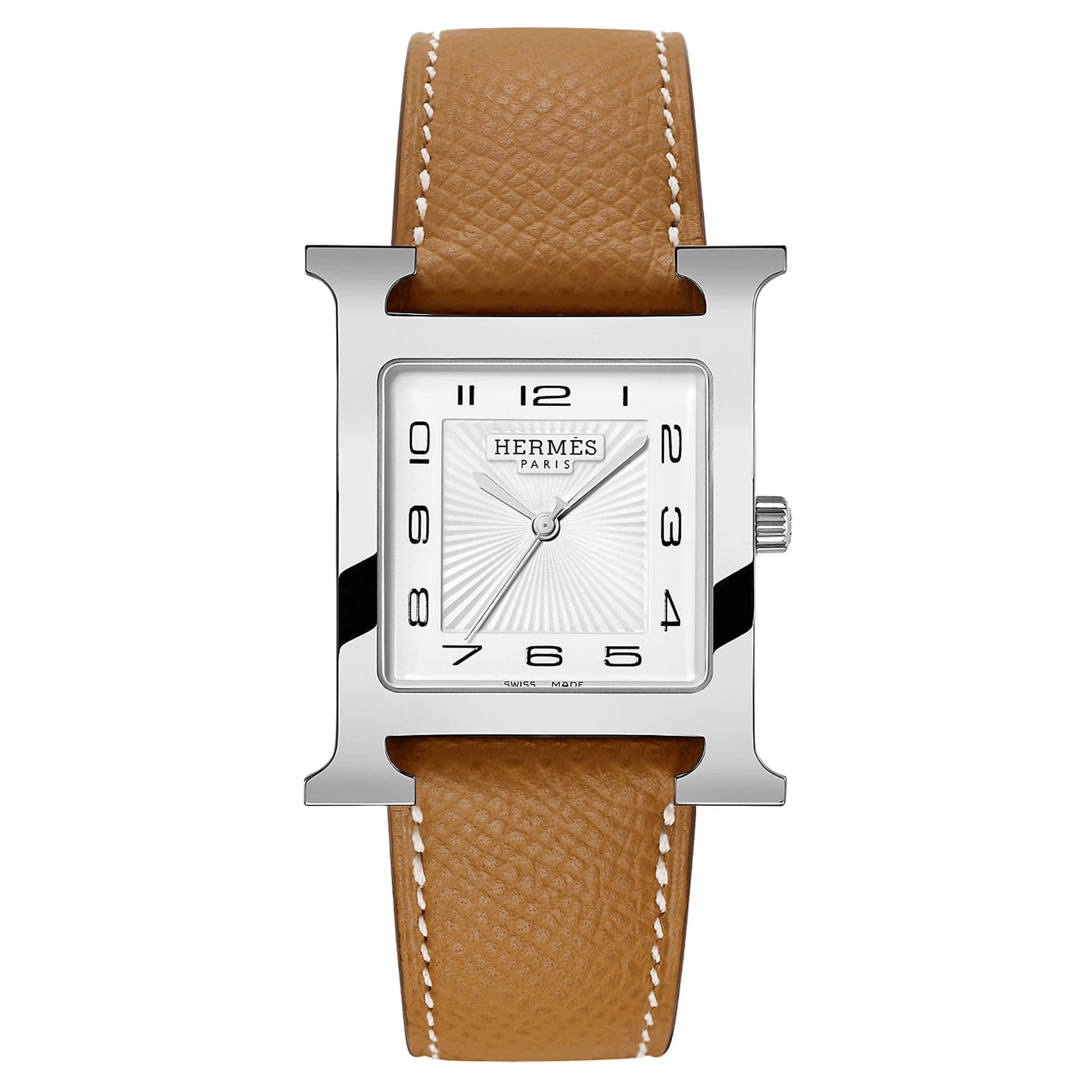Hermès Montre HERMÈS Heure H Grand Modèle quartz cadran blanc bracelet cuir marron gold 34 mm