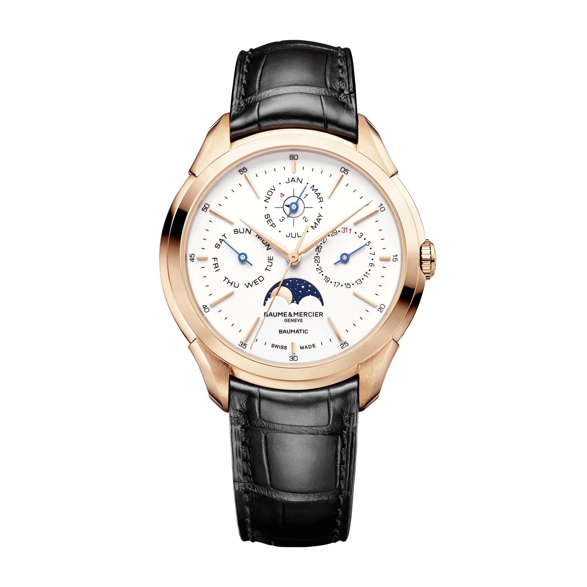 Baume & Mercier Montre Baume et Mercier Clifton Or Rose Calendrier Perpétuel automatique cadran blanc bracelet cuir noir 42 mm
