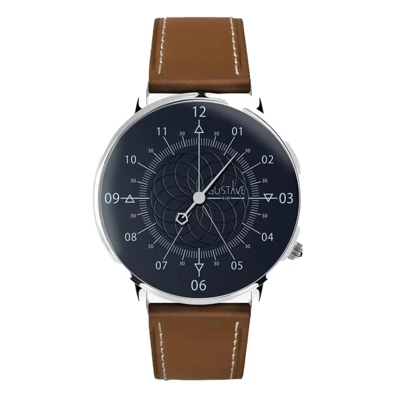Gustave & Cie Montre 12H Louis Argent & Bleu Cuir Marron Chocolat 40mm