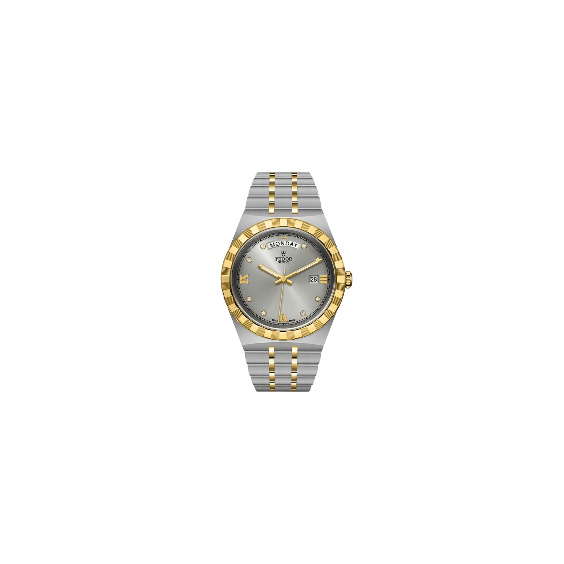 Tudor Montre Tudor Royal automatique index diamants cadran argenté bracelet acier et or jaune 41 mm
