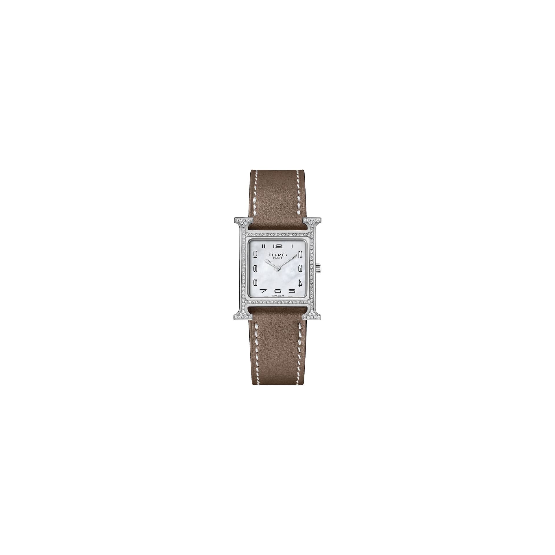 Hermès Montre HERMÈS Heure H Petit Modèle quartz cadran nacre blanche bracelet cuir veau Swift taupe 25 mm