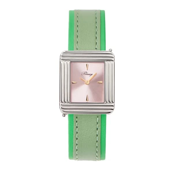 Poiray Montre Poiray Ma Première Acier Cadran Rose Bracelet Veau Sellier Olive