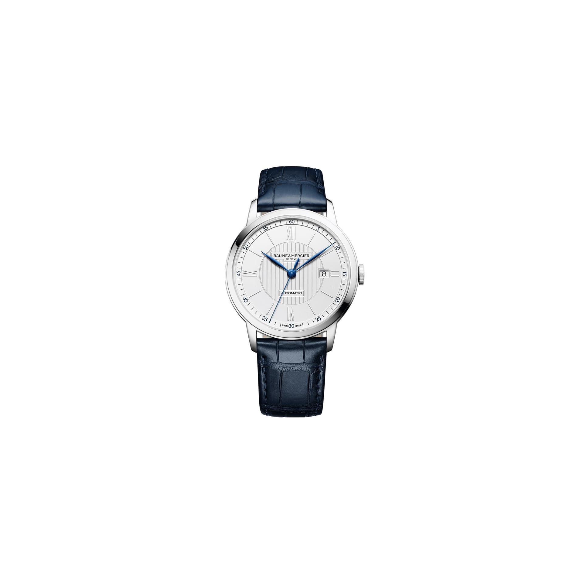 Baume & Mercier Montre Baume et Mercier Classima automatique cadran argenté bracelet cuir alligator bleu nuit 42 mm