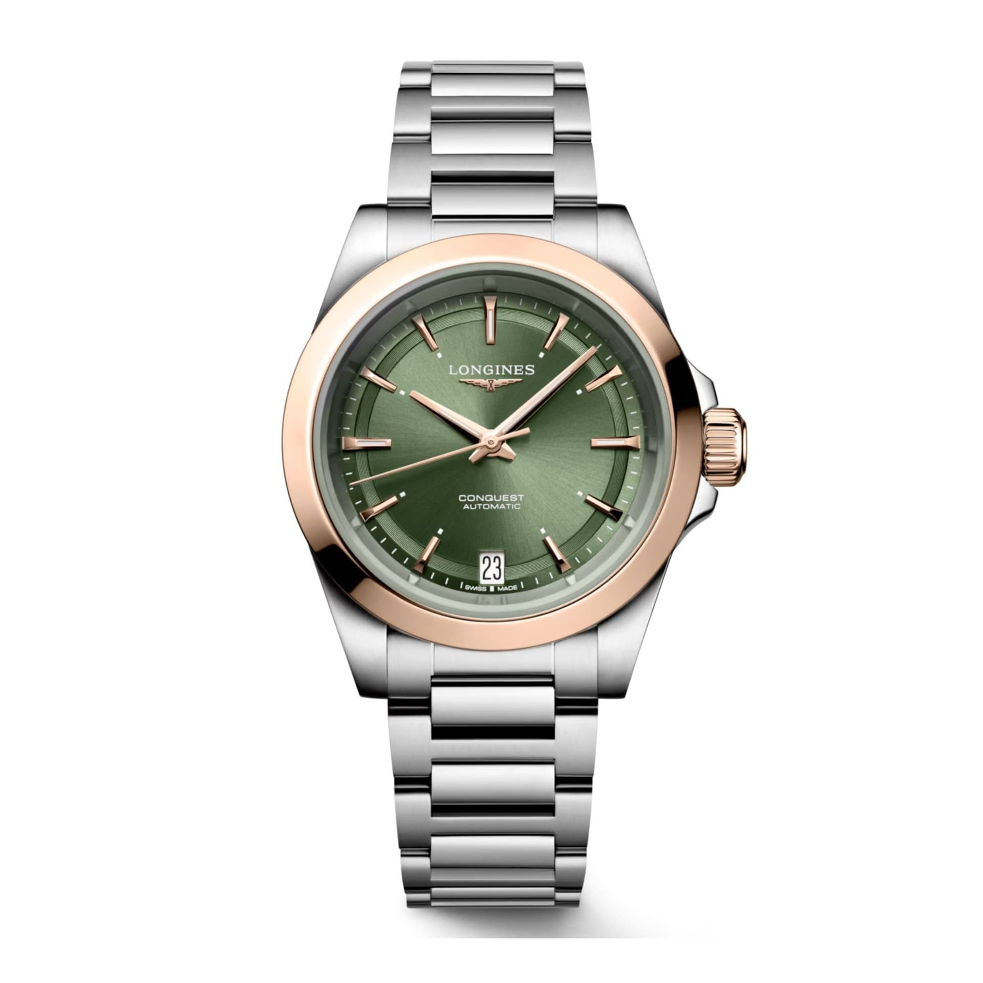Longines Montre Longines Conquest Or rose automatique cadran vert bracelet acier et or rose 34 mm