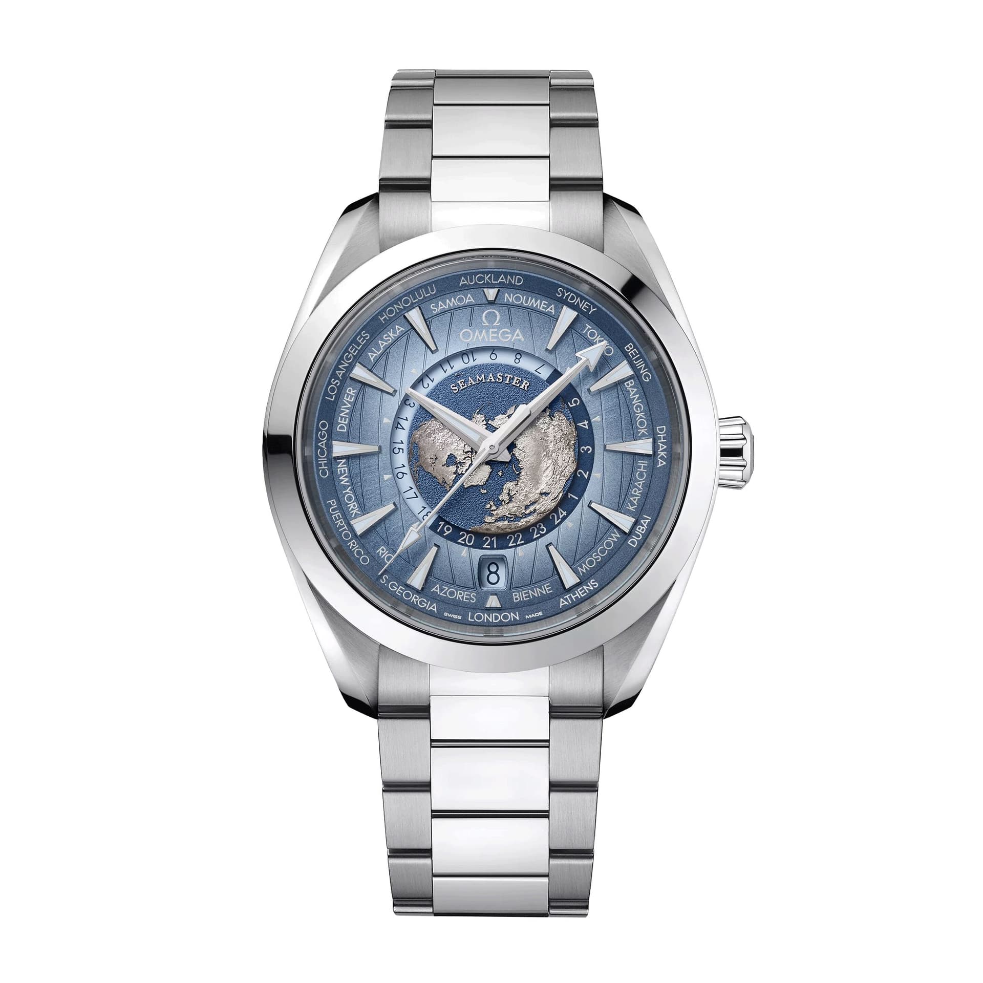 Omega Montre Omega Seamaster Aqua Terra 150M GMT Worldtimer 75ème Anniversaire Co-Axial Master Chronometer bracelet acier 43 mm
