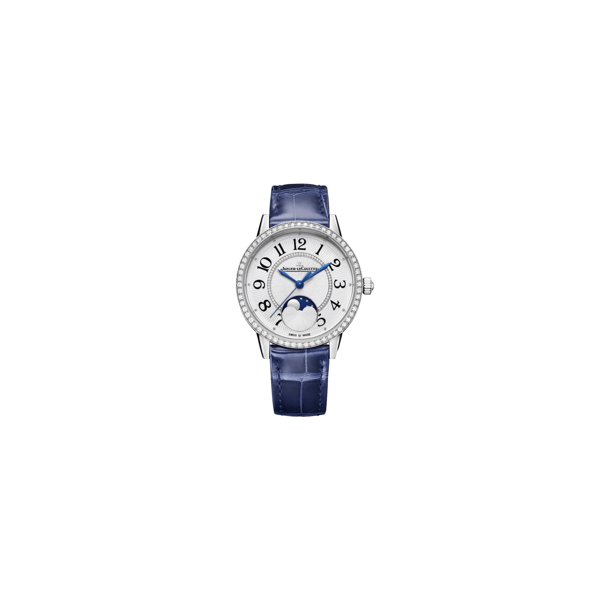 Jaeger-LeCoultre Montre Jaeger-LeCoultre Rendez-Vous Classic Moon automatique lunette sertie cadran argent bracelet cuir bleu 34 mm