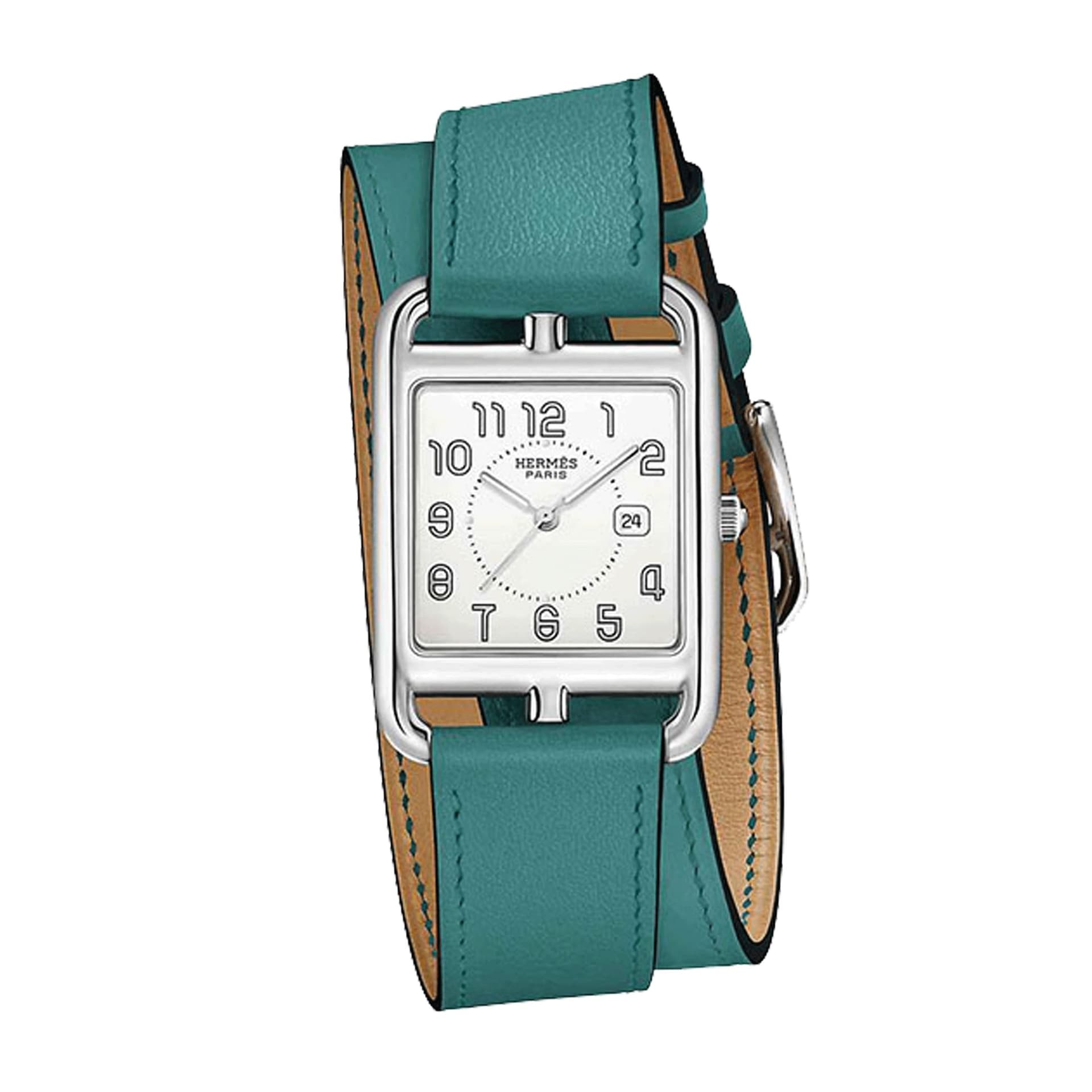 Hermès Montre HERMÈS Cape Cod Grand Modèle quartz cadran blanc bracelet cuir double tour bleu 29 x 29 mm
