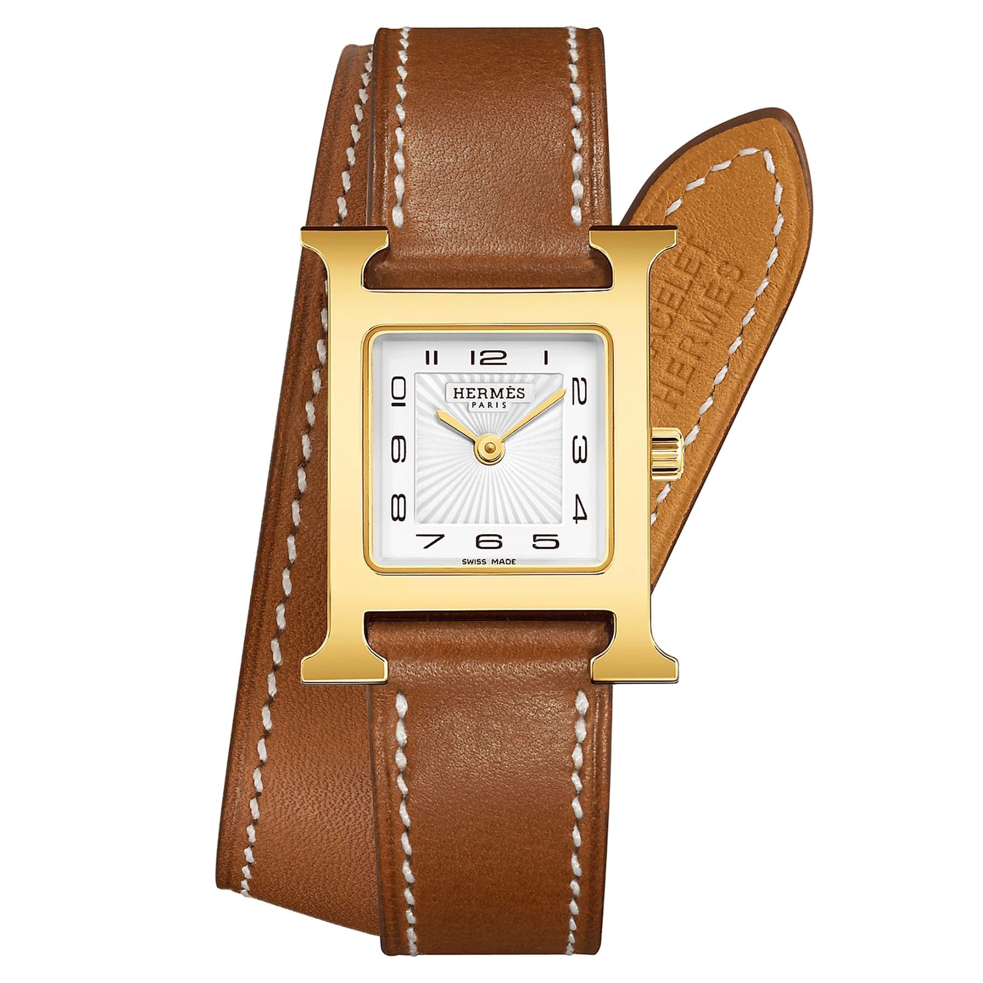 Hermès Montre HERMÈS Heure H Petit Modèle quartz plaqué or jaune cadran blanc bracelet double tour cuir marron 25 mm
