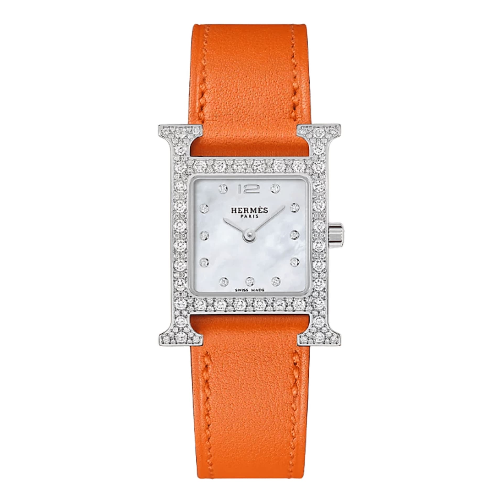 Hermès Montre HERMÈS Heure H Petit Modèle Serti diamants quartz cadran nacre blanche bracelet cuir Swift orange 25 mm