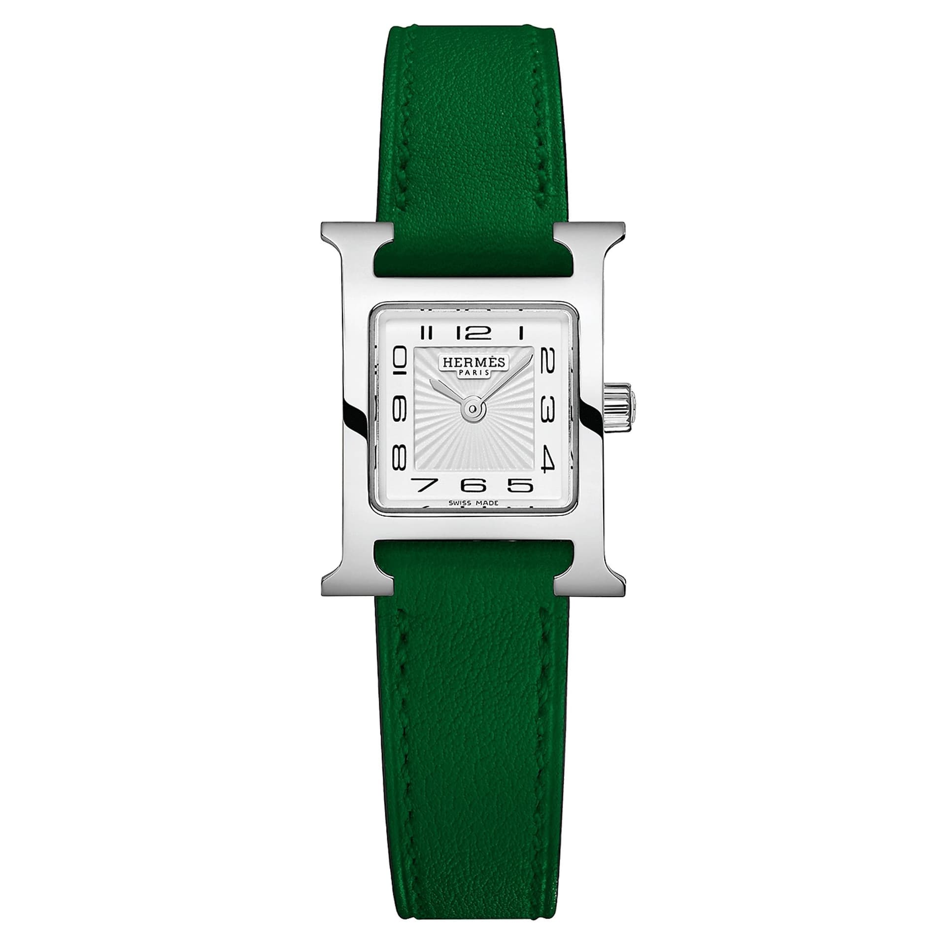 Hermès Montre HERMÈS Heure H Mini Modèle quartz cadran blanc bracelet cuir vert 21 mm