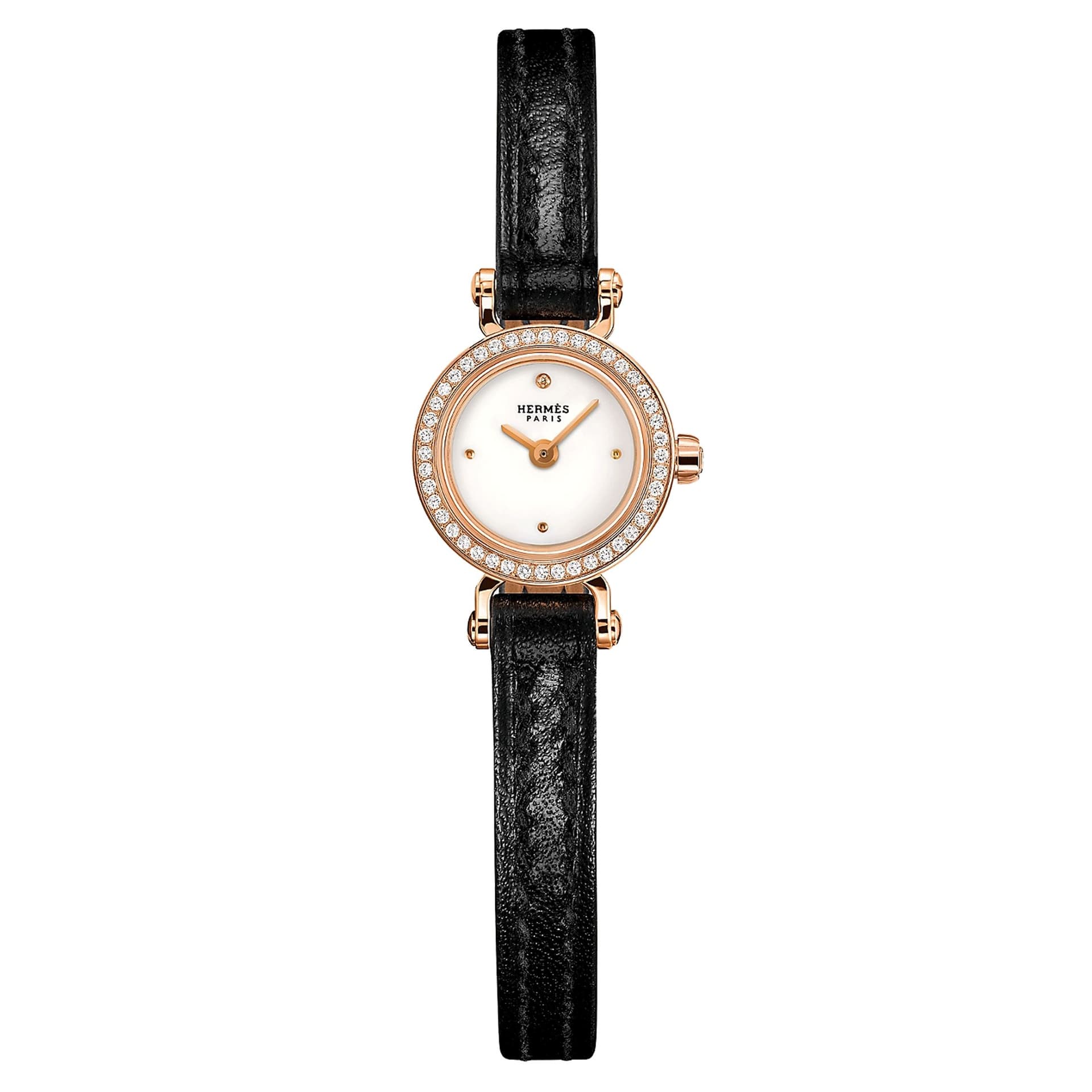 Hermès Montre HERMÈS Faubourg Mini Modèle Or Rose quartz lunette sertie cadran blanc bracelet cuir noir 15 mm