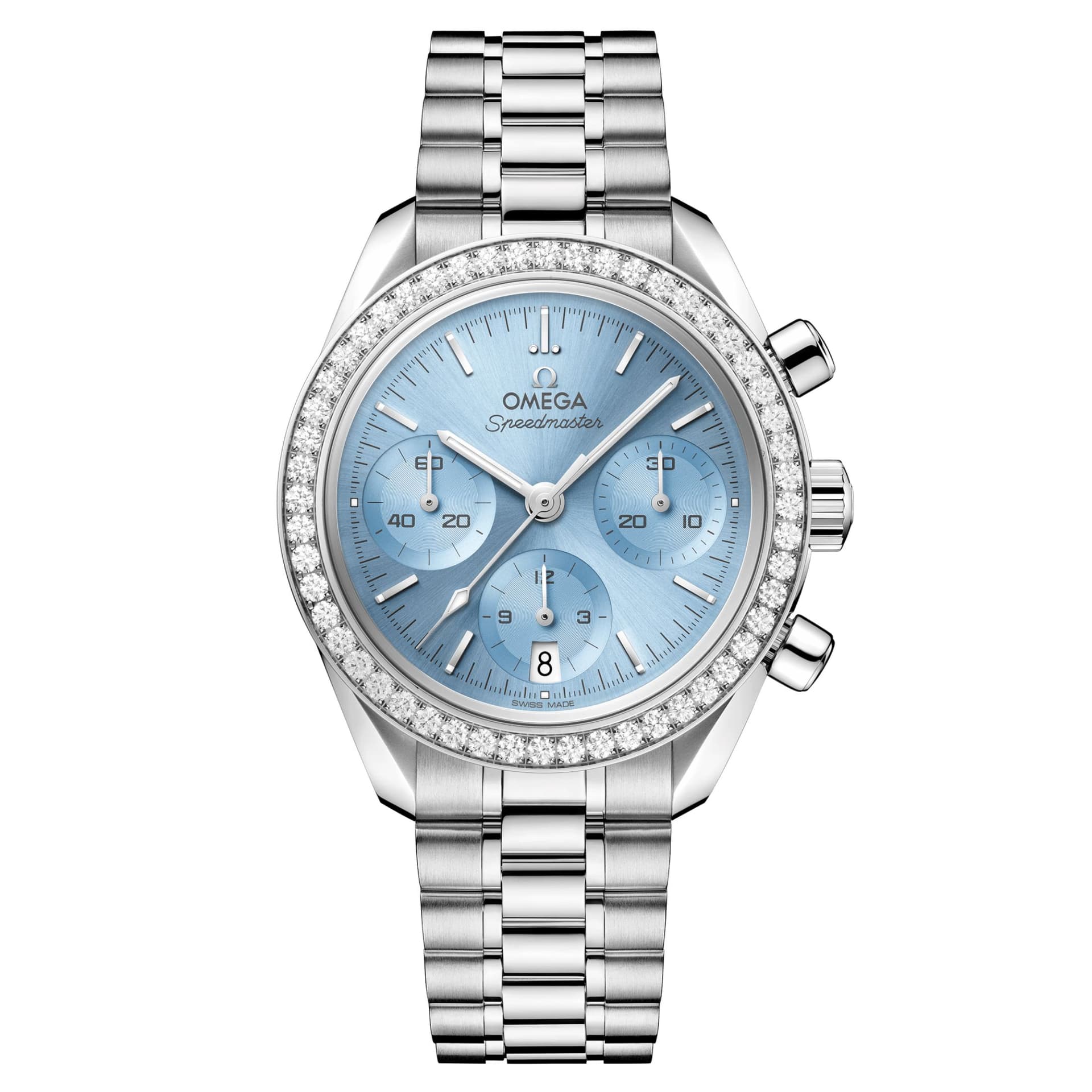 Omega Montre Omega Speedmaster 38 automatique cadran bleu glacier lunette diamants bracelet acier 38 mm