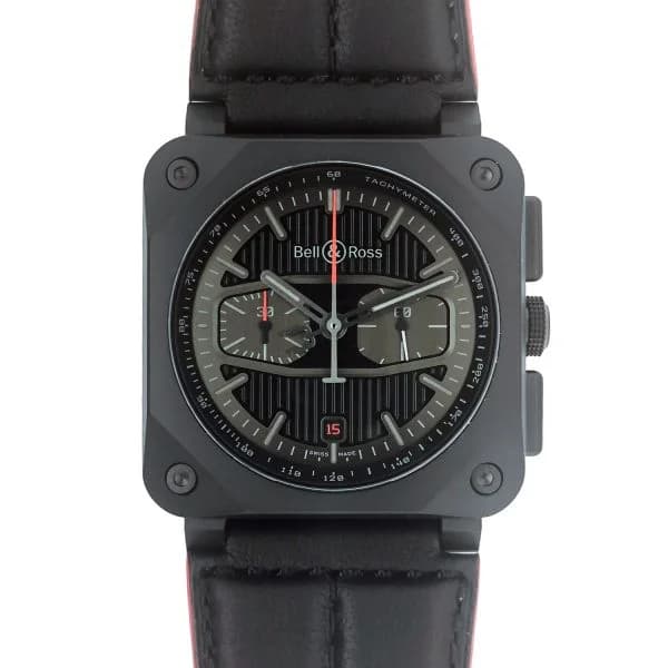 Daniel Gérard Montre Occasion BELL &amp; ROSS BR-03 Chrono Blacktrack Bracelet Cuir + Textile 42MM